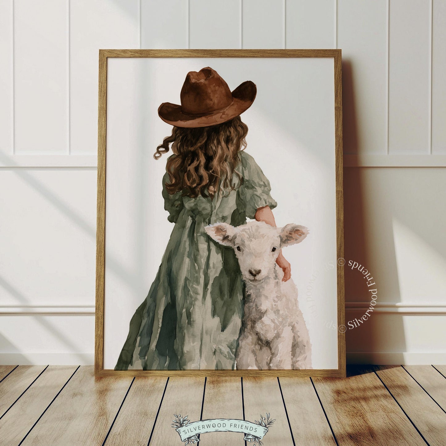 Baby girl and fluffy sheep artwork for nursery — soft-hued pastoral print with tranquil farmhouse charm