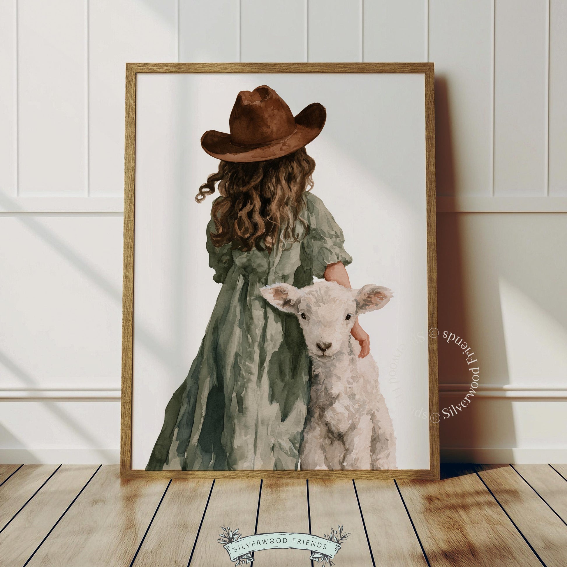 Baby girl and fluffy sheep artwork for nursery — soft-hued pastoral print with tranquil farmhouse charm