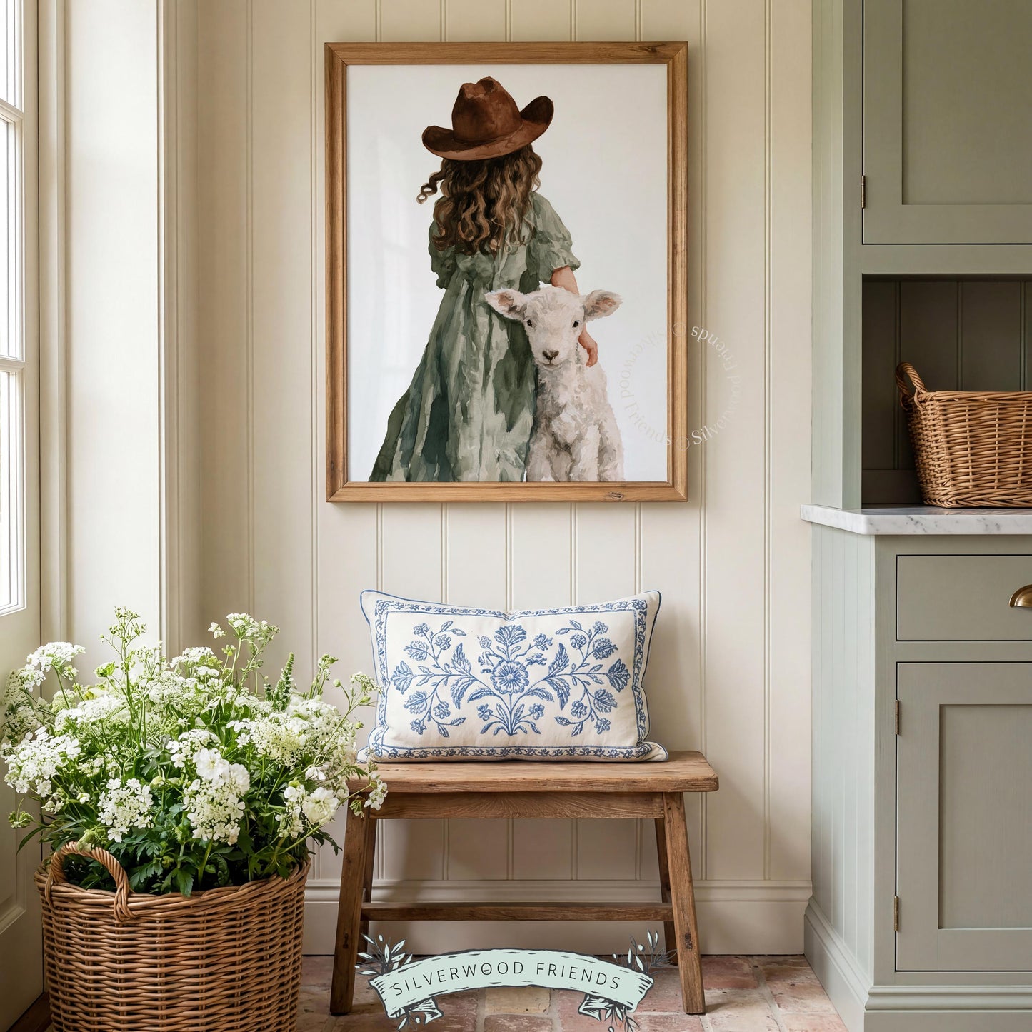 Cowgirl holding lamb picture for kids room — soft-hued farmhouse wall art with delicate, calming countryside essence