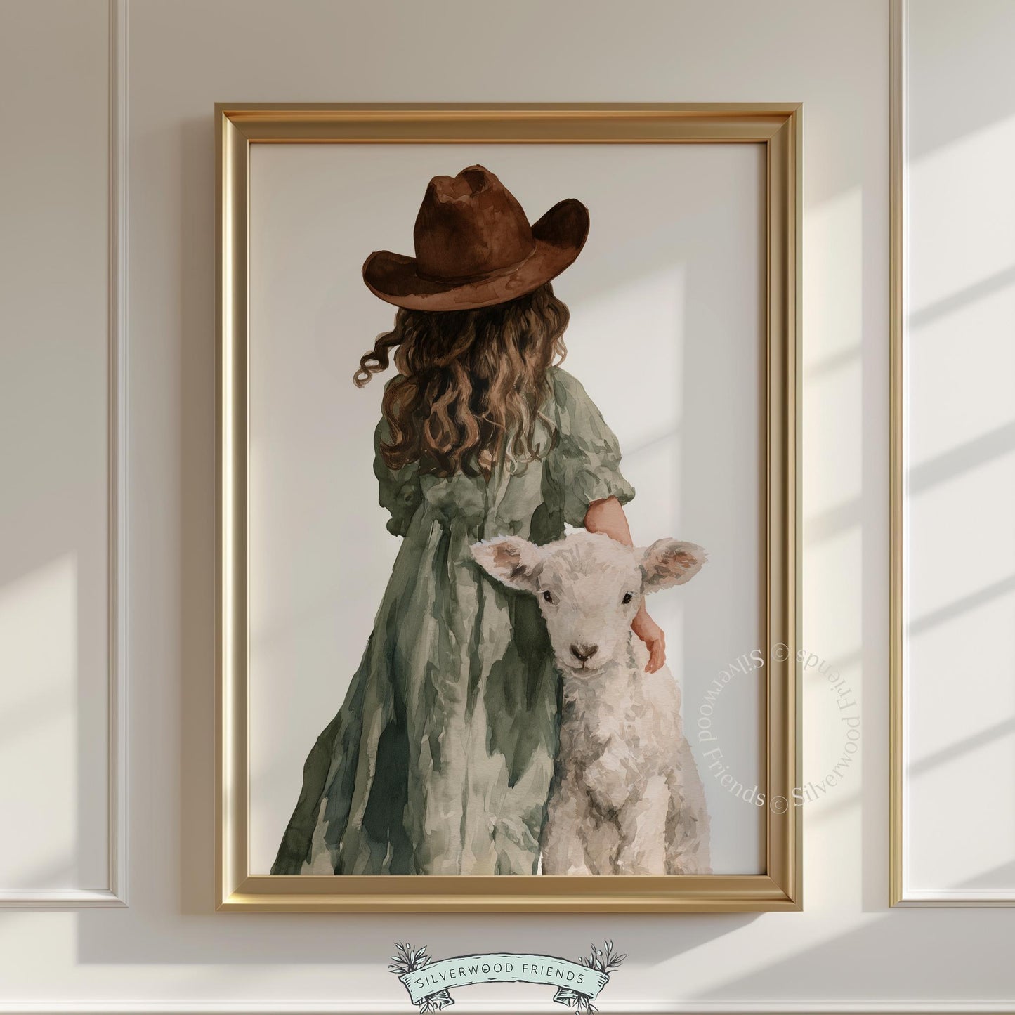 Child embracing lamb digital print for baby room — sweet pastoral scene in soft watercolor with warm countryside mood
