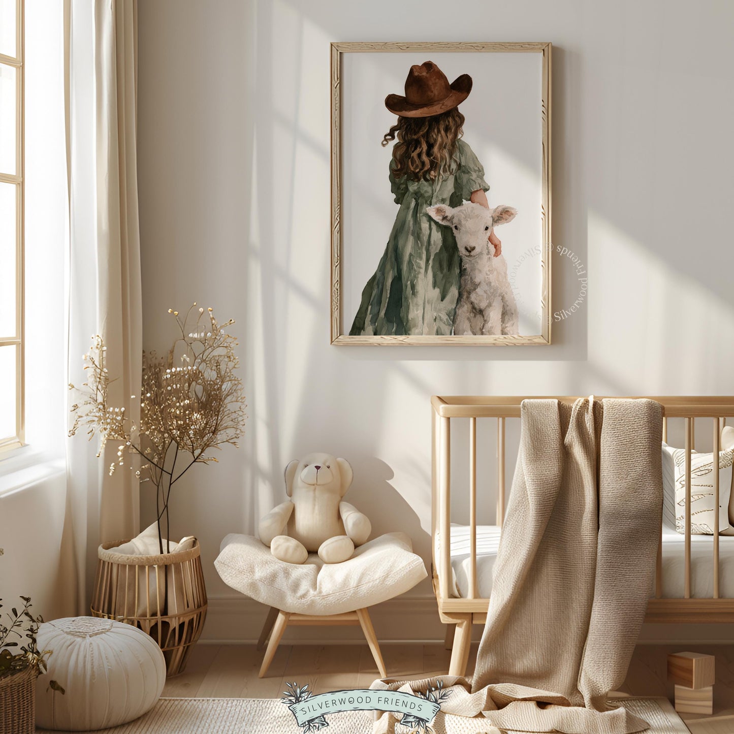 Little cowgirl holding baby sheep wall art for kids room — gentle cottagecore painting with delicate brushwork