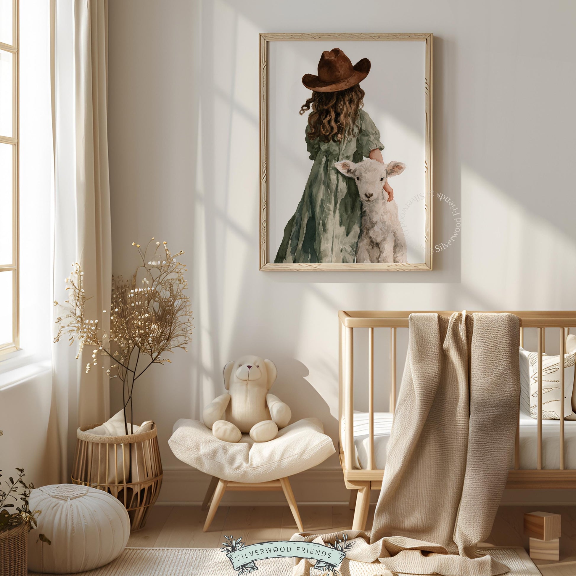 Little cowgirl holding baby sheep wall art for kids room — gentle cottagecore painting with delicate brushwork
