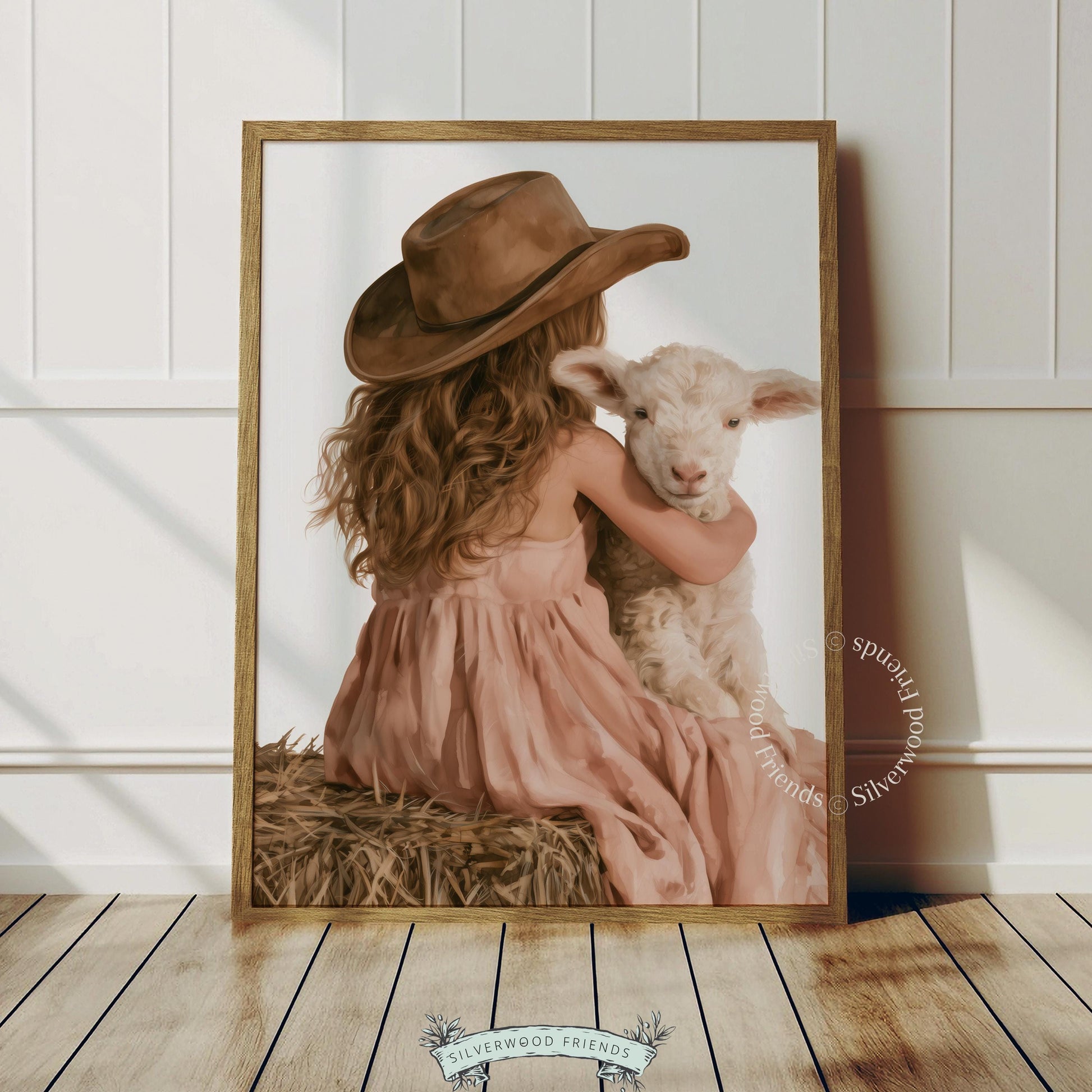 Child and lamb picture poster for kids playroom — warm pastoral illustration with cottagecore charm