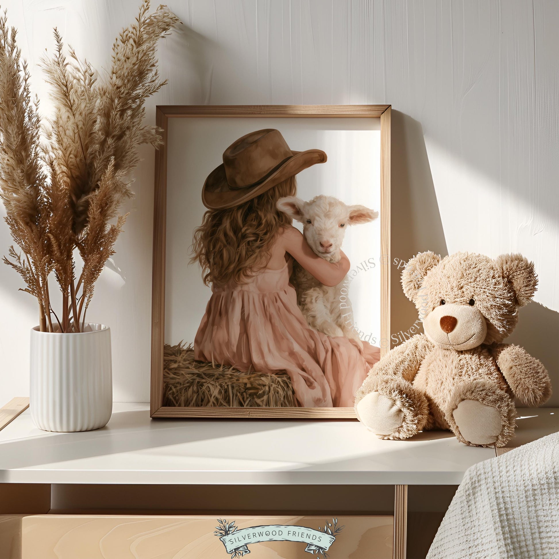 Lamb and child digital print for girl's bedroom — soft cottagecore nursery art with muted tones