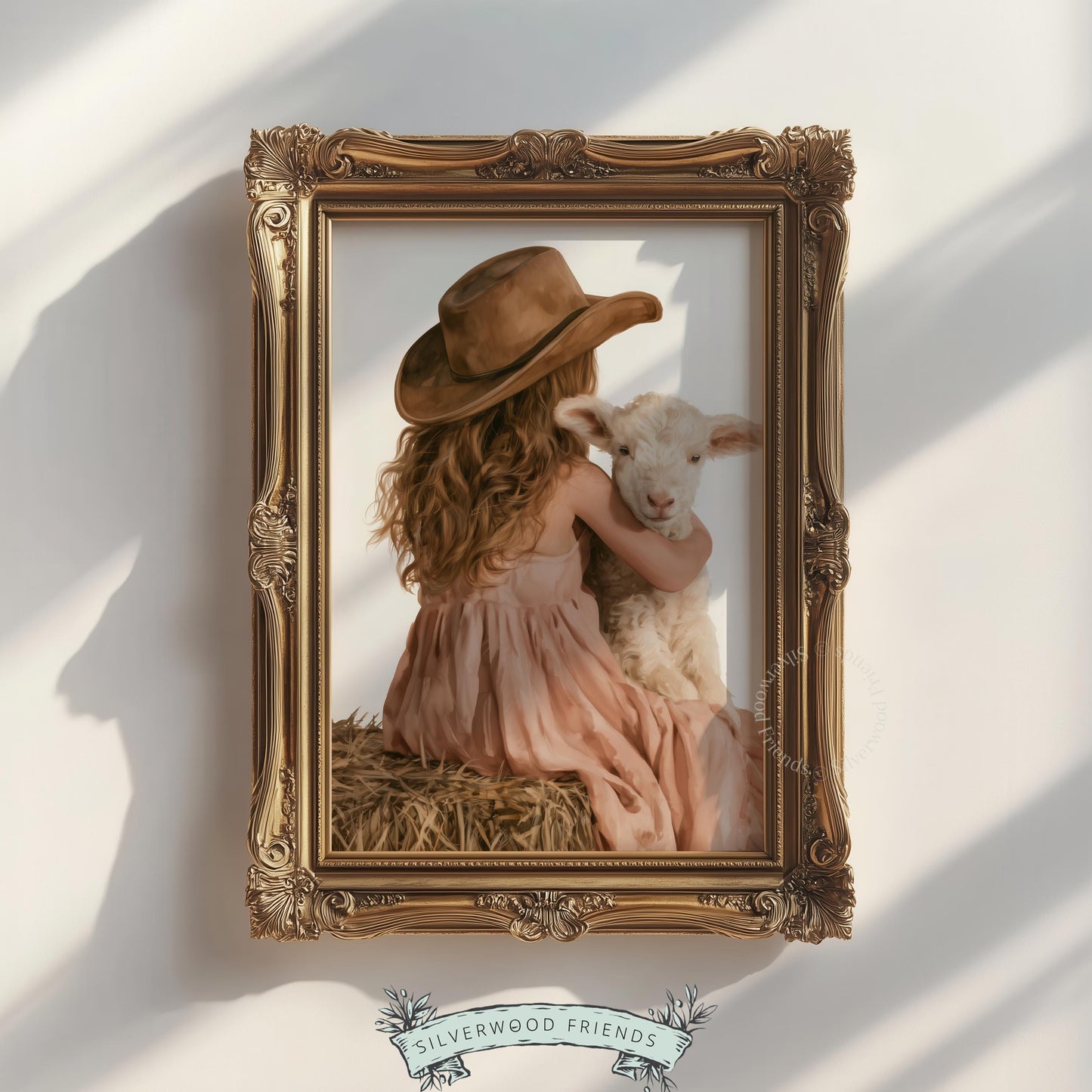Girl with baby lamb picture for baby room — cottagecore farmhouse aesthetic in soft neutral hues
