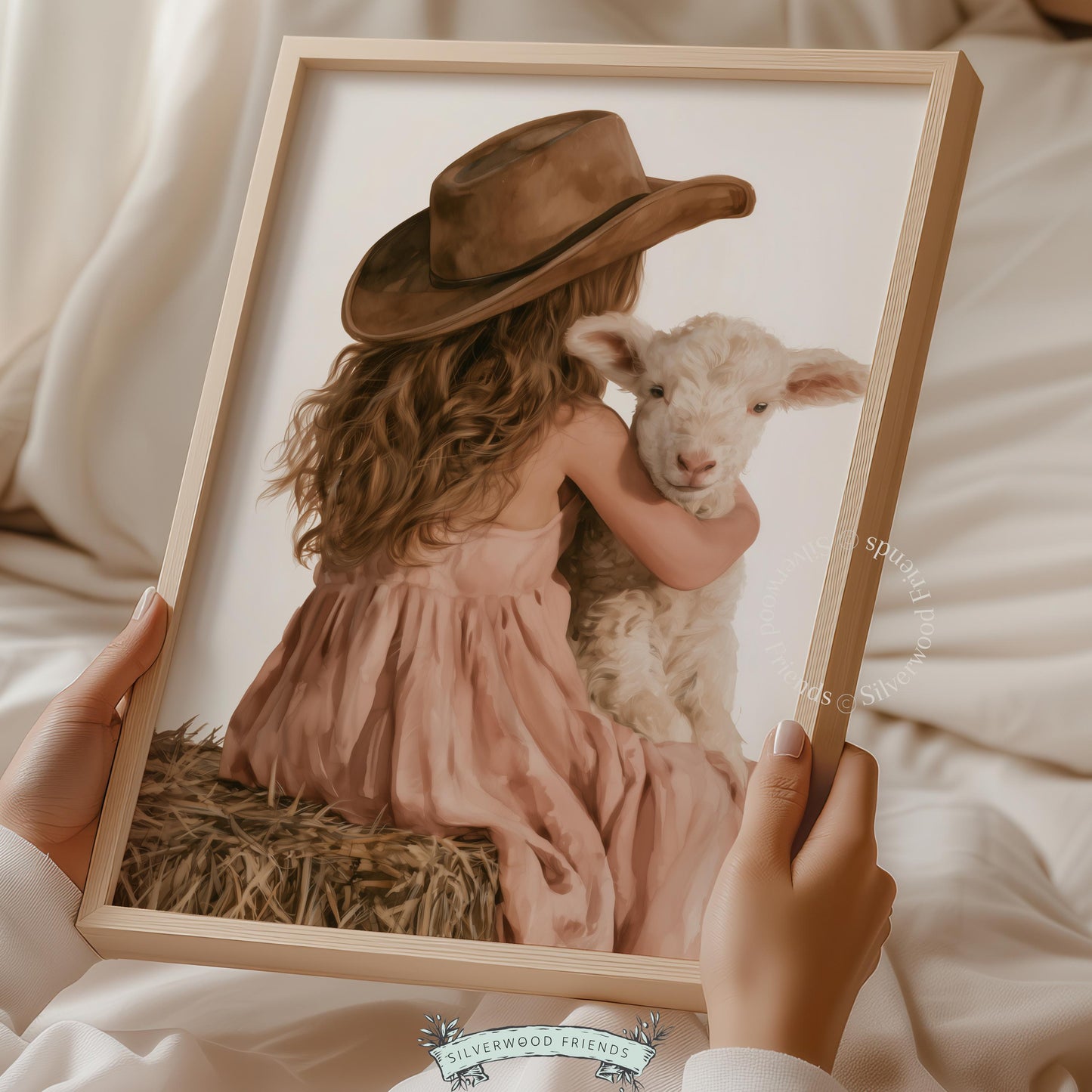 Girl hugging lamb printable art for nursery — warm dusty pink and brown farmhouse aesthetic