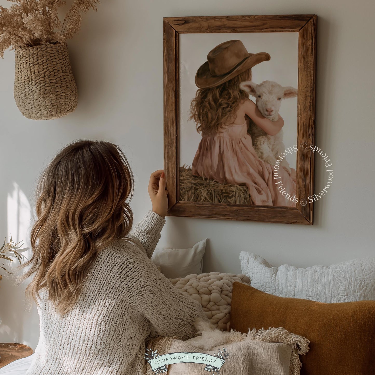 Young girl and sheep wall decor printable for kids room — cozy countryside design with painterly finish