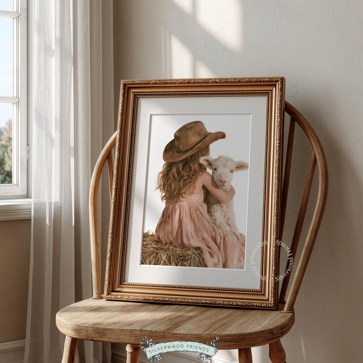 Toddler with lamb artwork for nursery — dusty pink dress and cowboy hat pastoral illustration