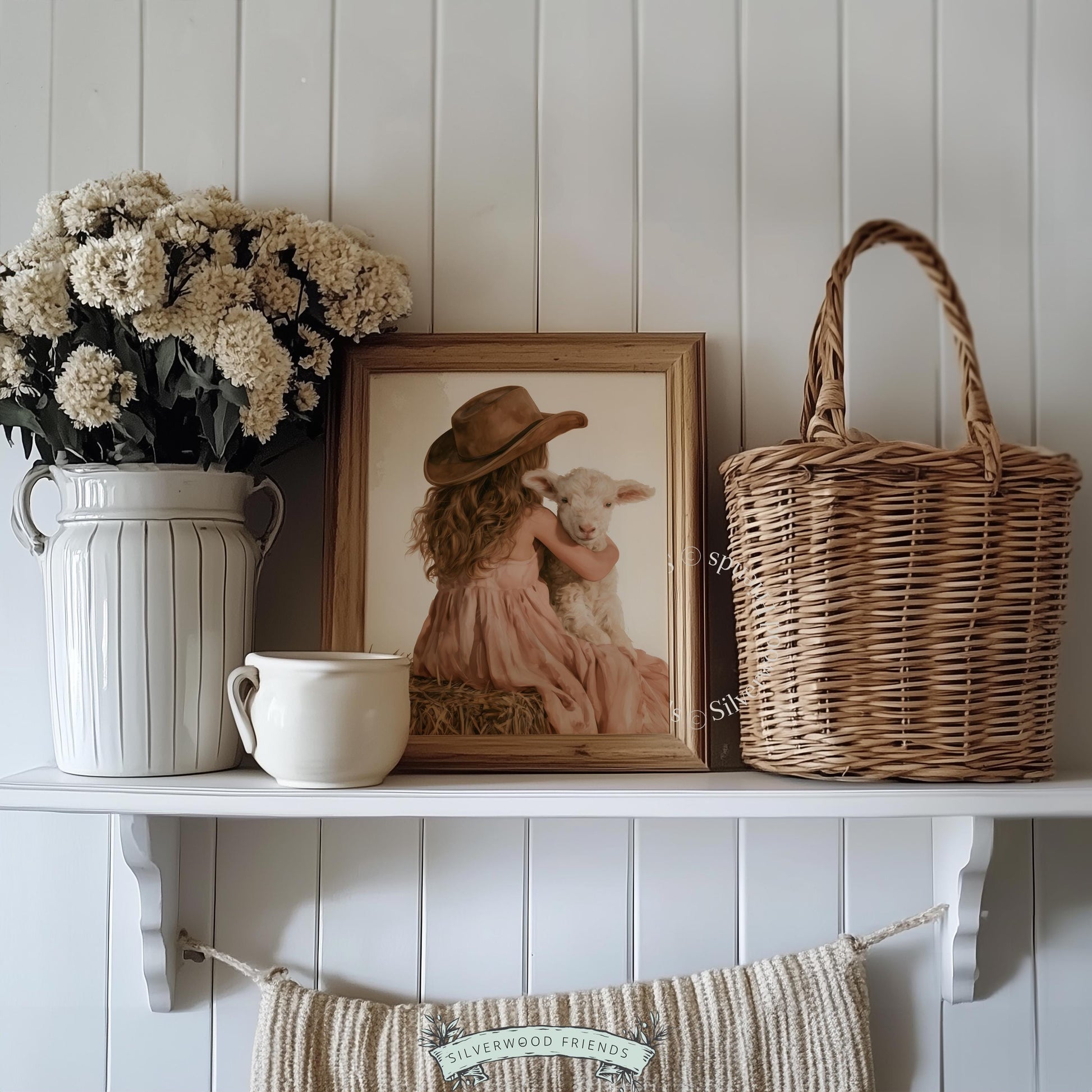 Girl holding sheep picture printable art for playroom — soft cottagecore design in warm earth tones