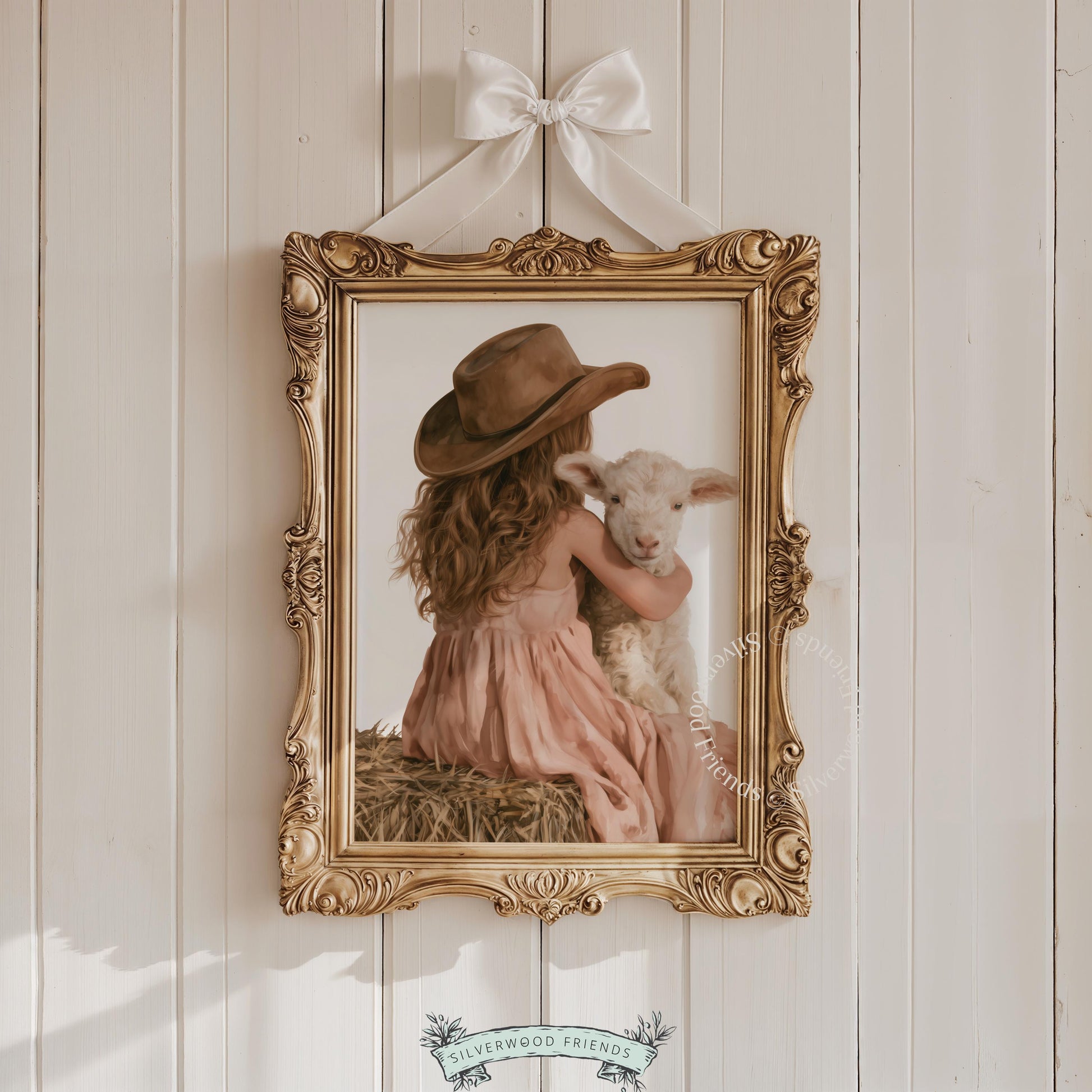 Child with baby sheep digital print for girl's room — cottagecore nursery wall art with soft brushwork