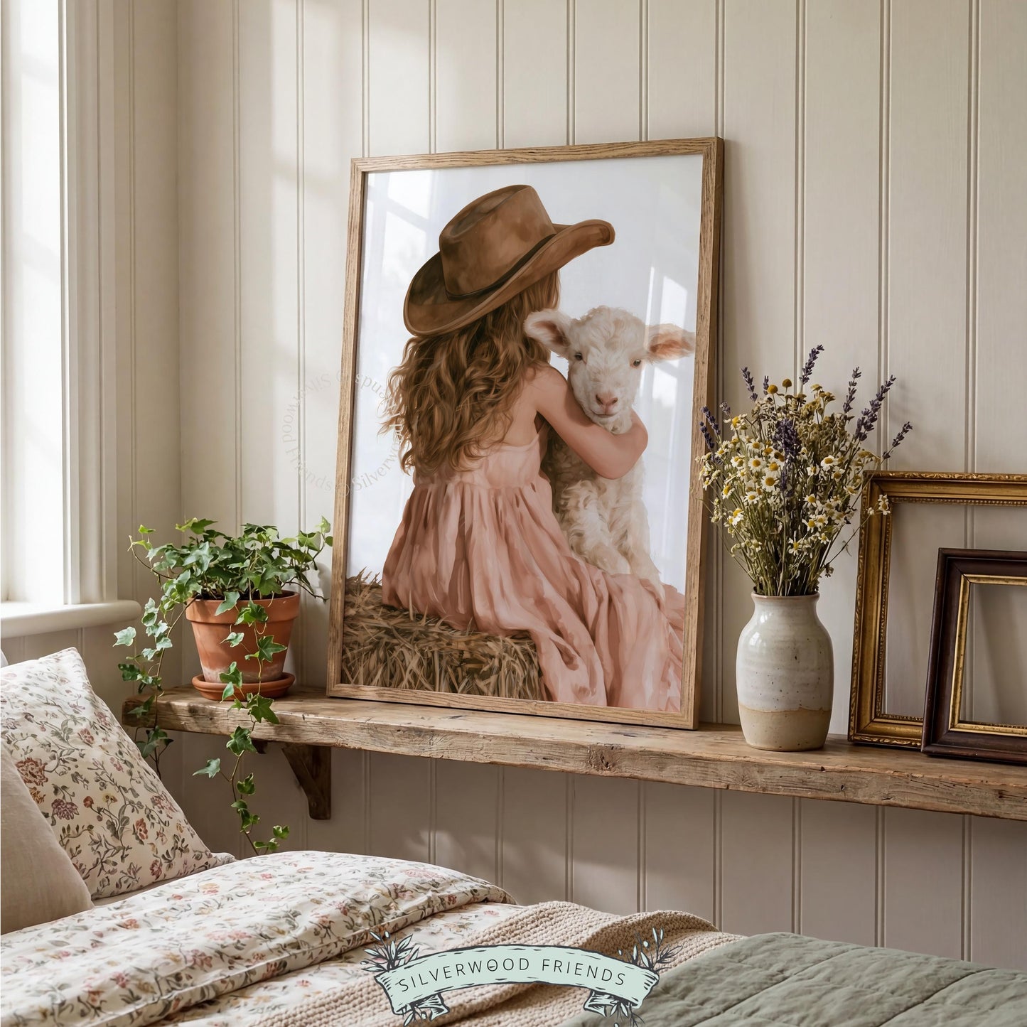 Young girl and lamb poster for kids room — muted pastoral tones perfect for country-themed spaces