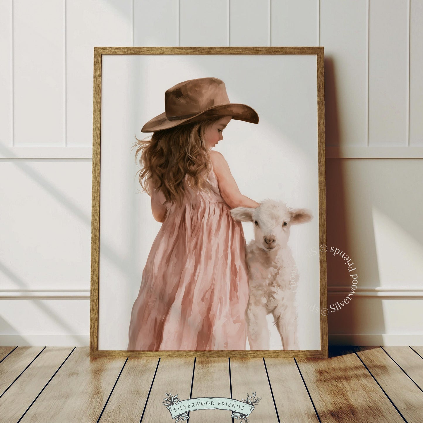 Baby room wall art featuring girl and lamb — tender pastoral print with blush pink dress and cowboy hat