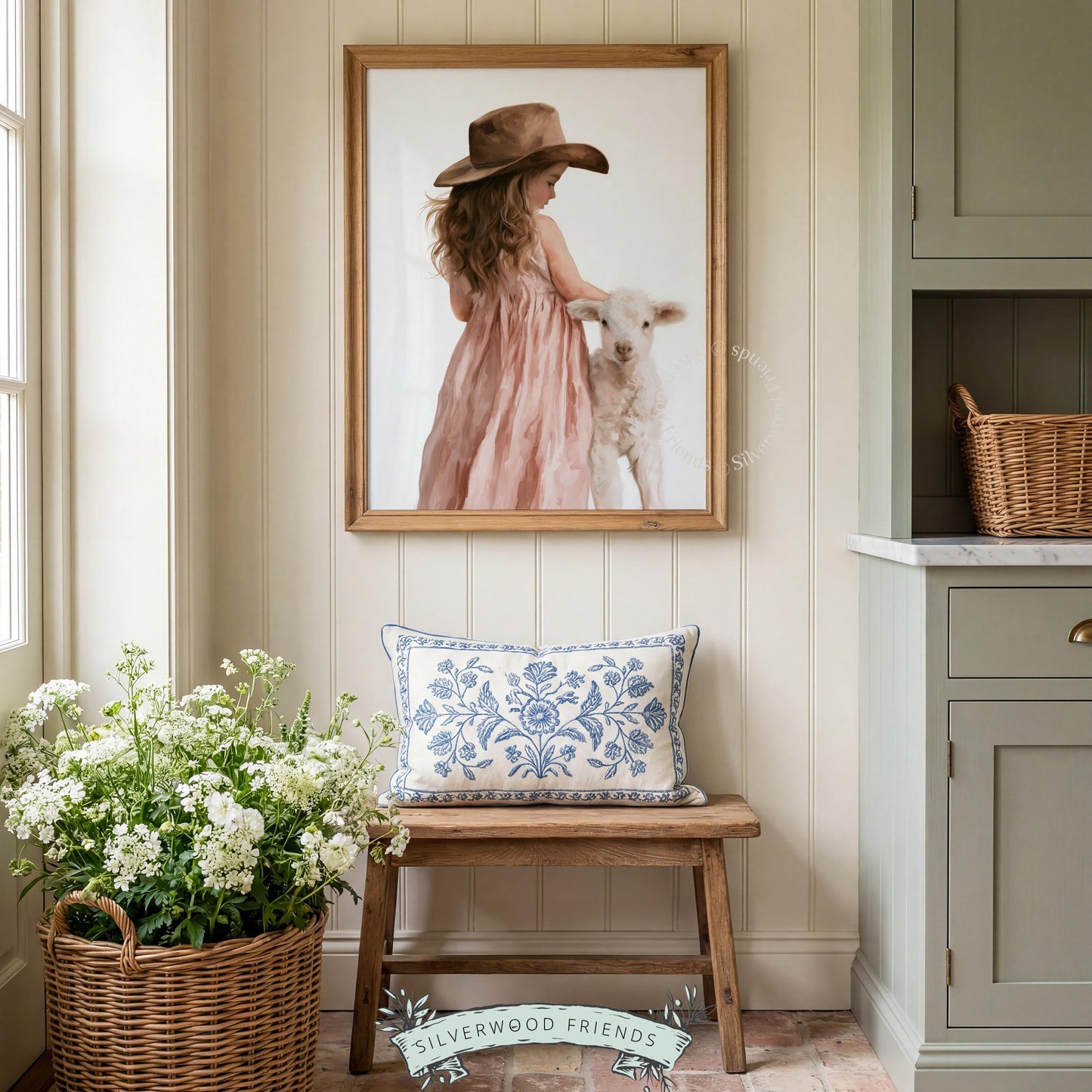 Child in brown hat with lamb painting for baby room — delicate rural scene in warm peachy tones