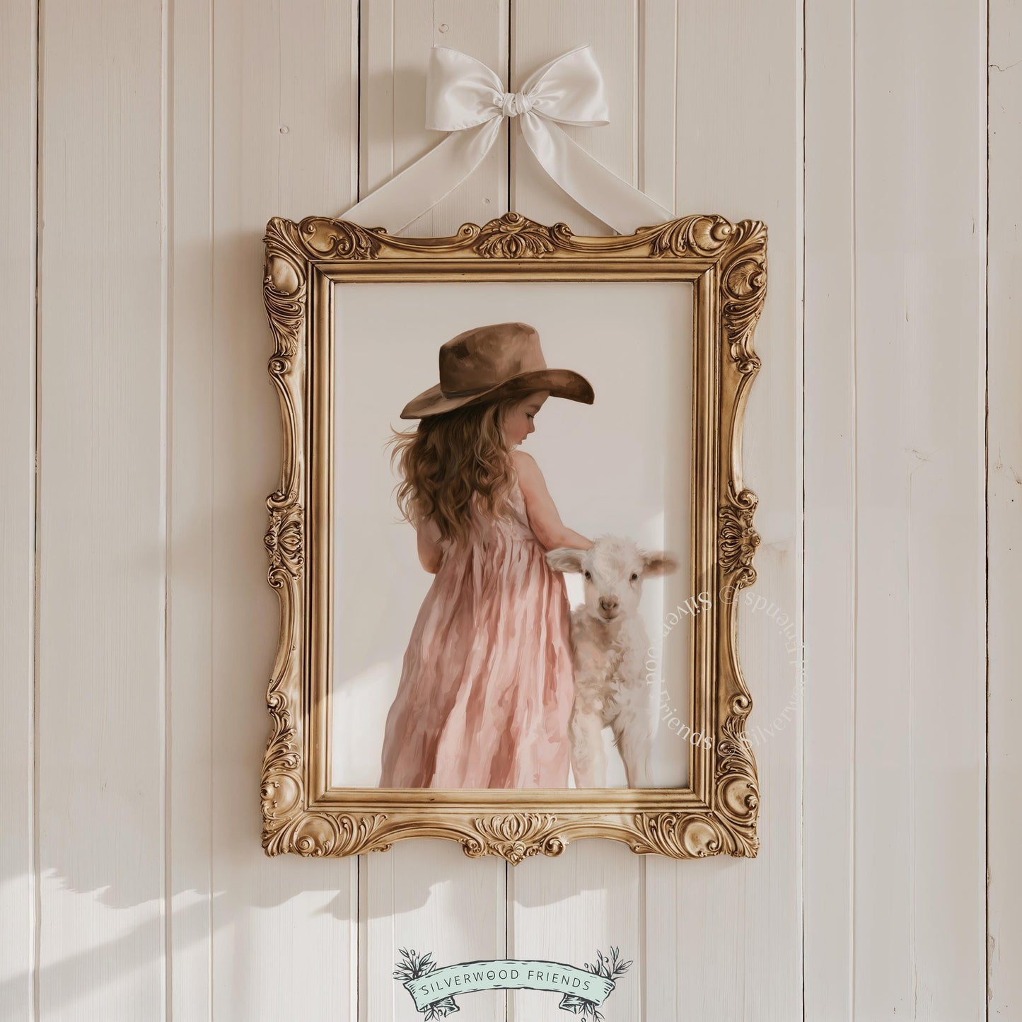 Girl petting white lamb digital wall art for kids bedroom — sweet farmhouse-style animal portrait