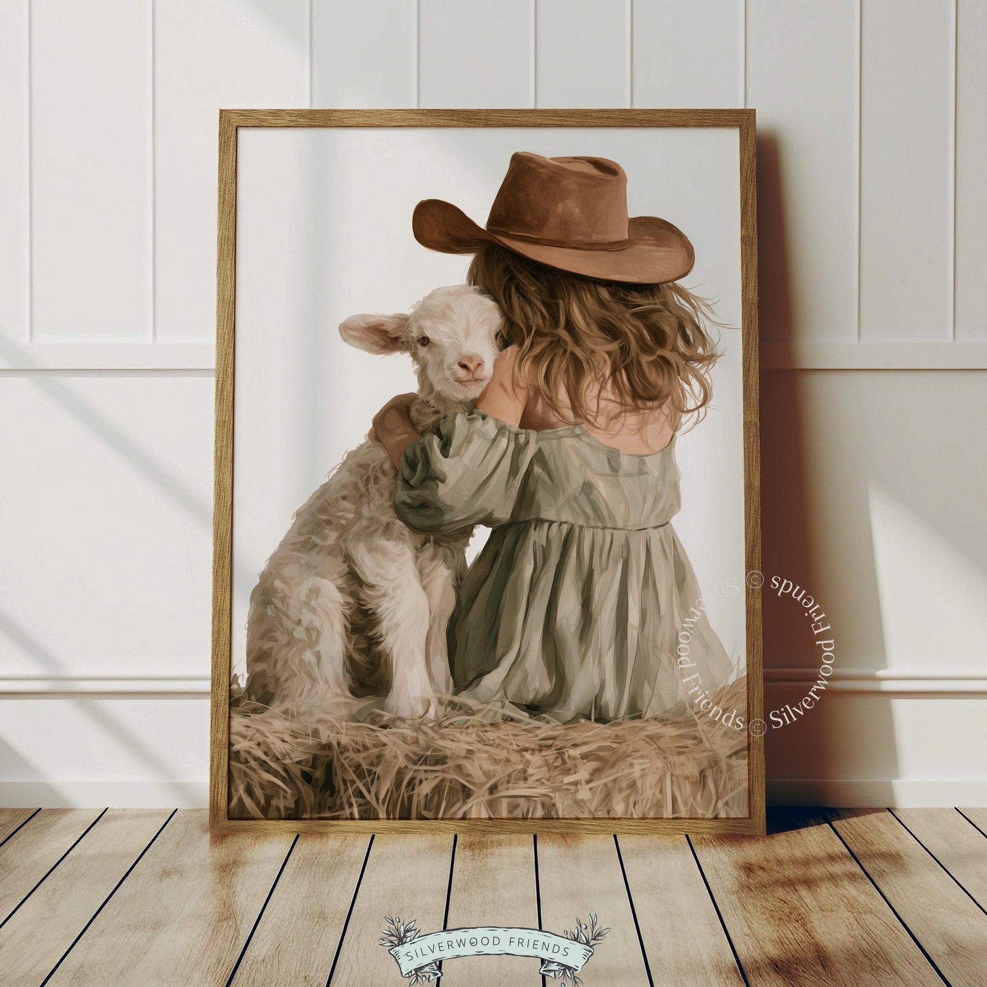 Child in brown hat hugging lamb gallery wall art for farmhouse space — gentle countryside pastoral