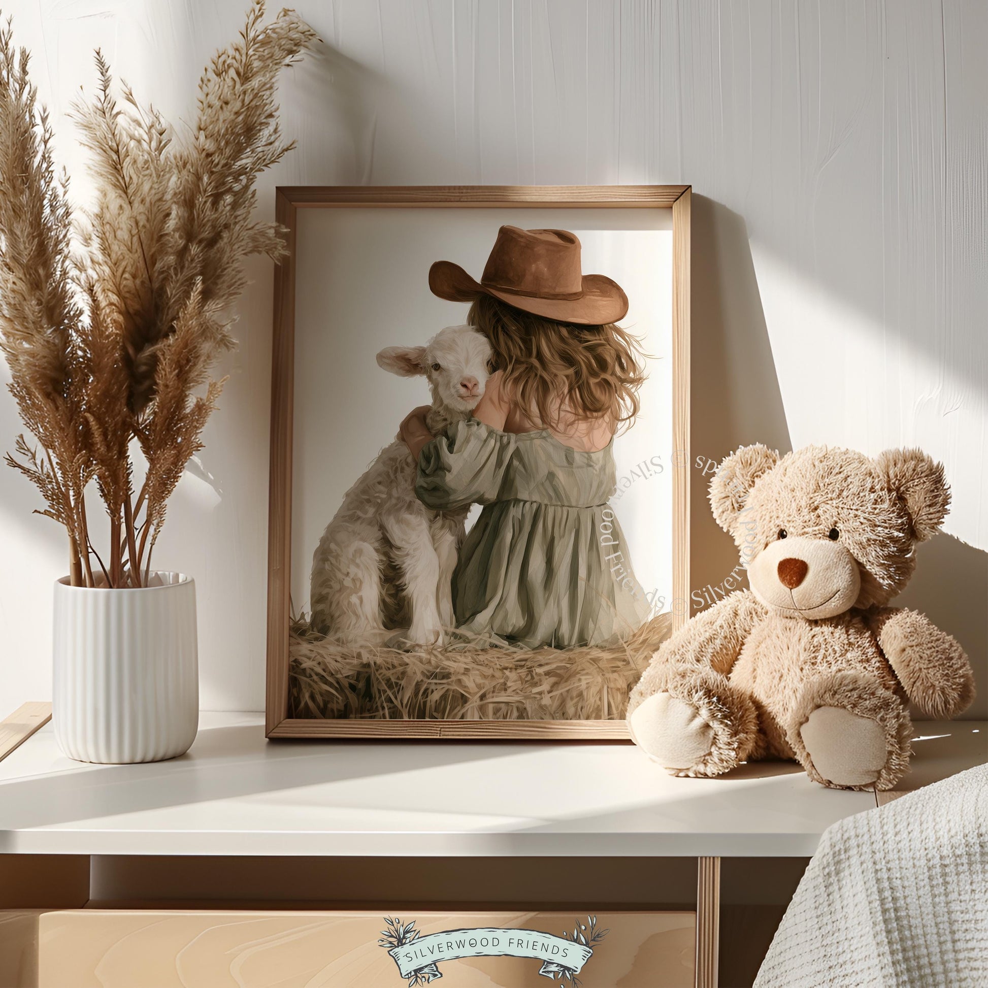 Girl cuddling infant sheep picture printable for toddler room — sweet pastoral scene with cottagecore aesthetic