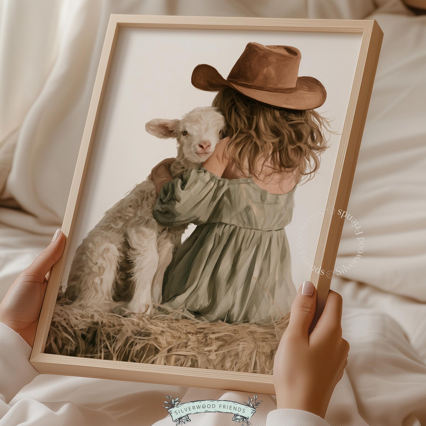 Farmyard friendship illustration wall print for toddler nursery — child with fluffy lamb in muted greens