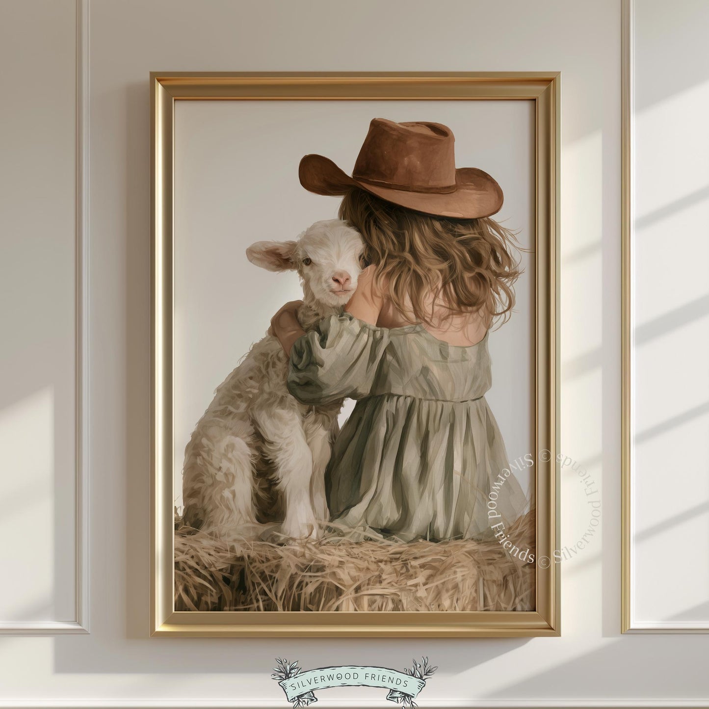 Little cowgirl hugging lamb printable art for nursery — soft farmhouse style with warm neutral tones