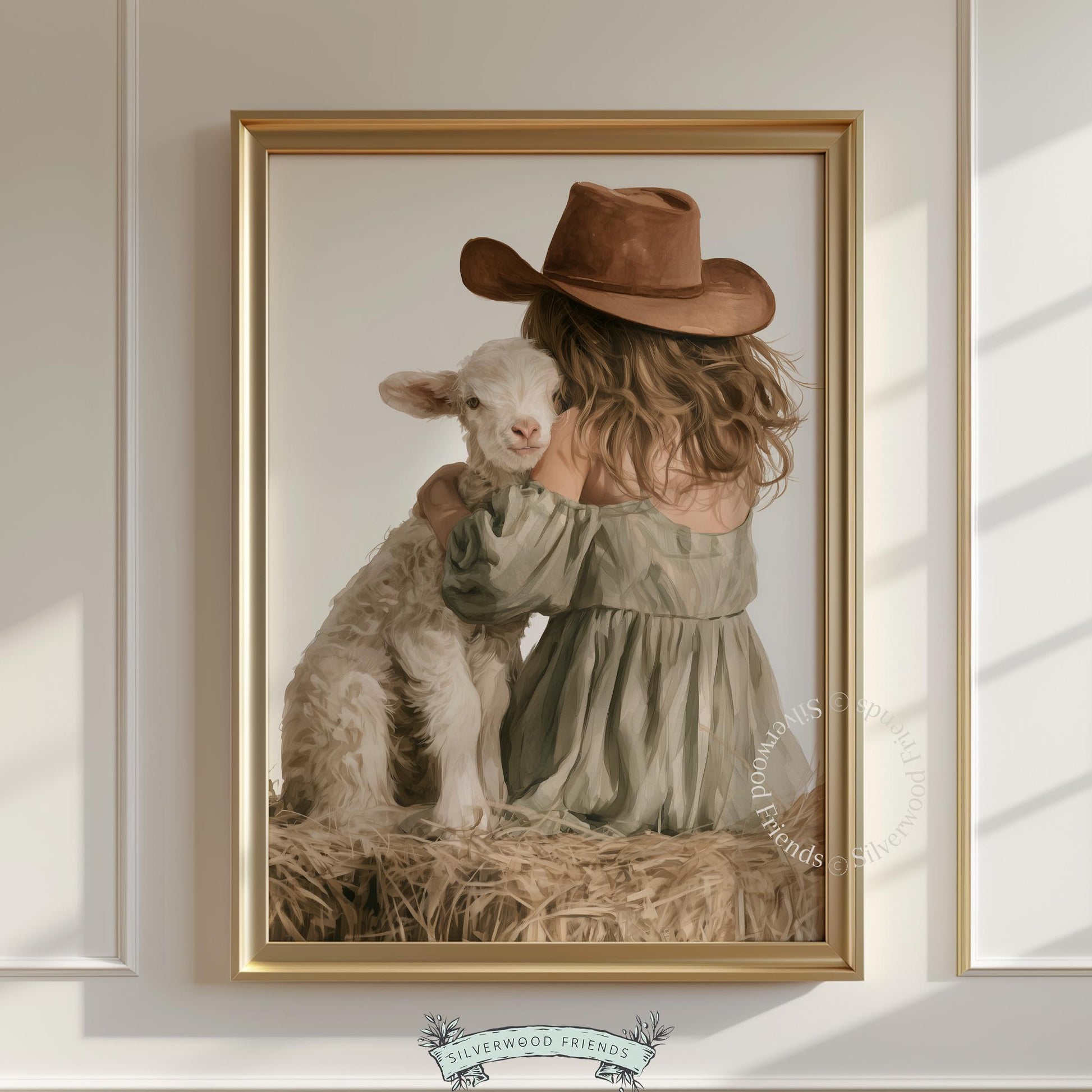 Little cowgirl hugging lamb printable art for nursery — soft farmhouse style with warm neutral tones