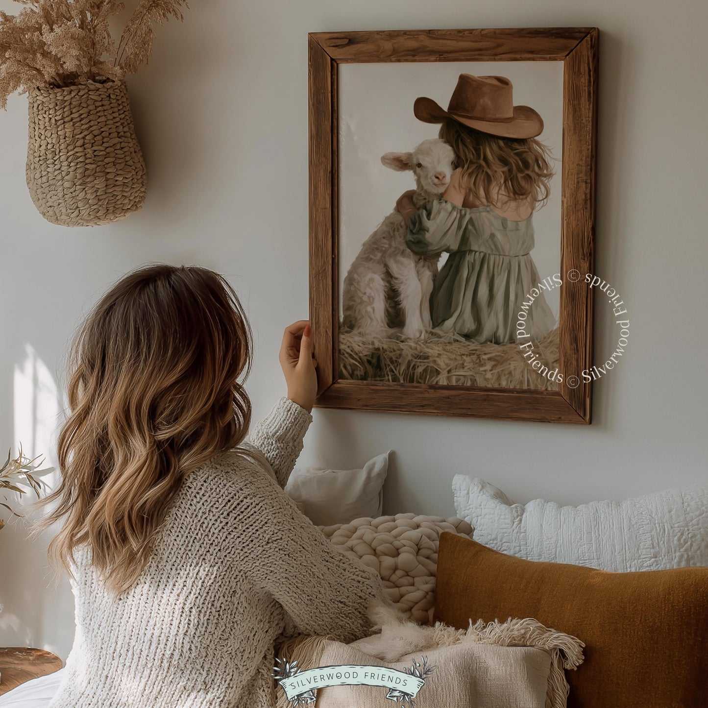 Young girl with baby sheep digital print for kids room — cozy hay bale scene in sage green and cream