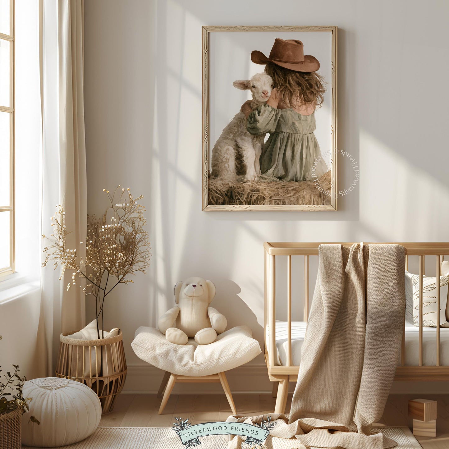 Child and sheep bonding wall art printable for farmhouse décor — gentle countryside scene with painterly finish