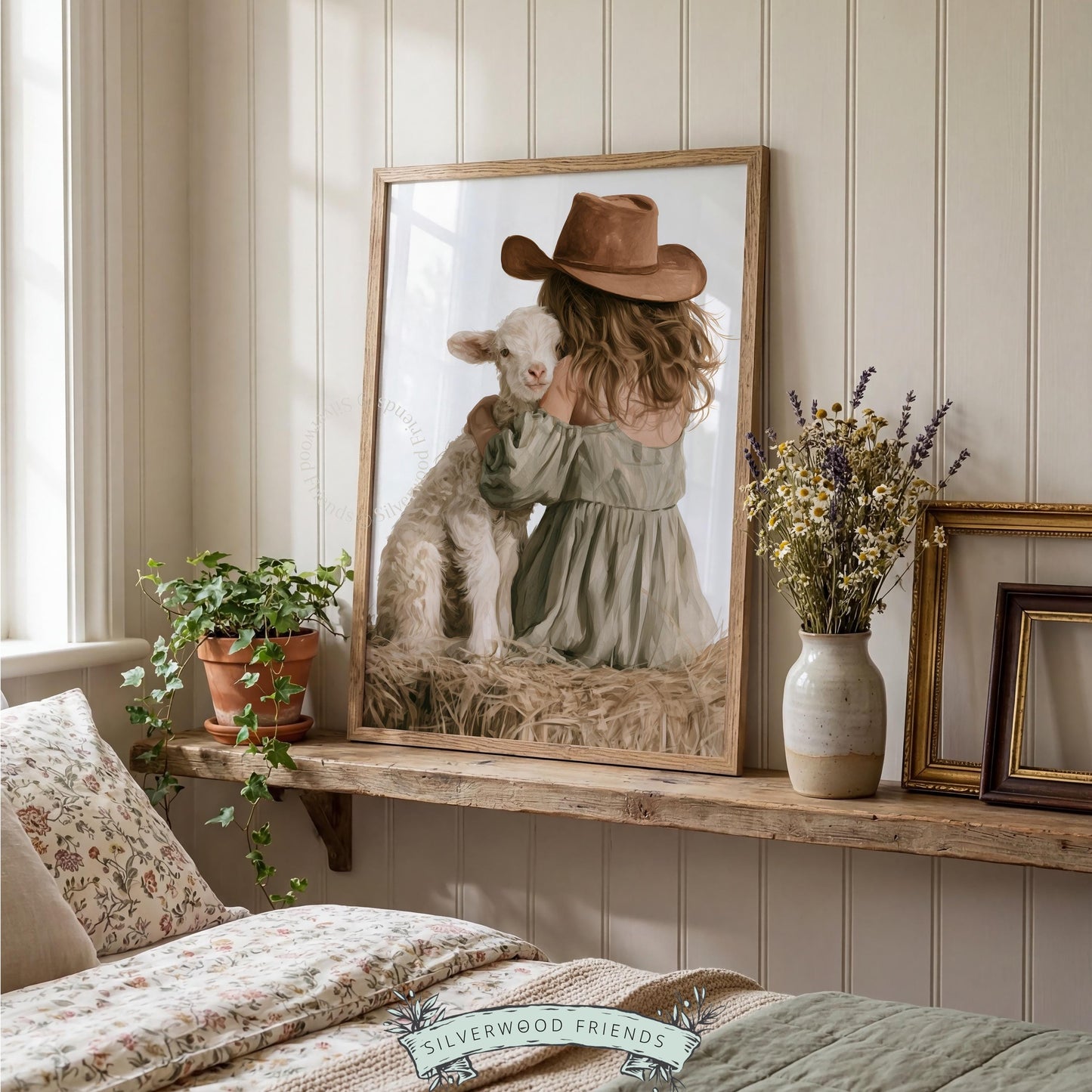 Girl in cowboy hat with lamb picture instant download for western nursery — warm neutral farmyard aesthetic