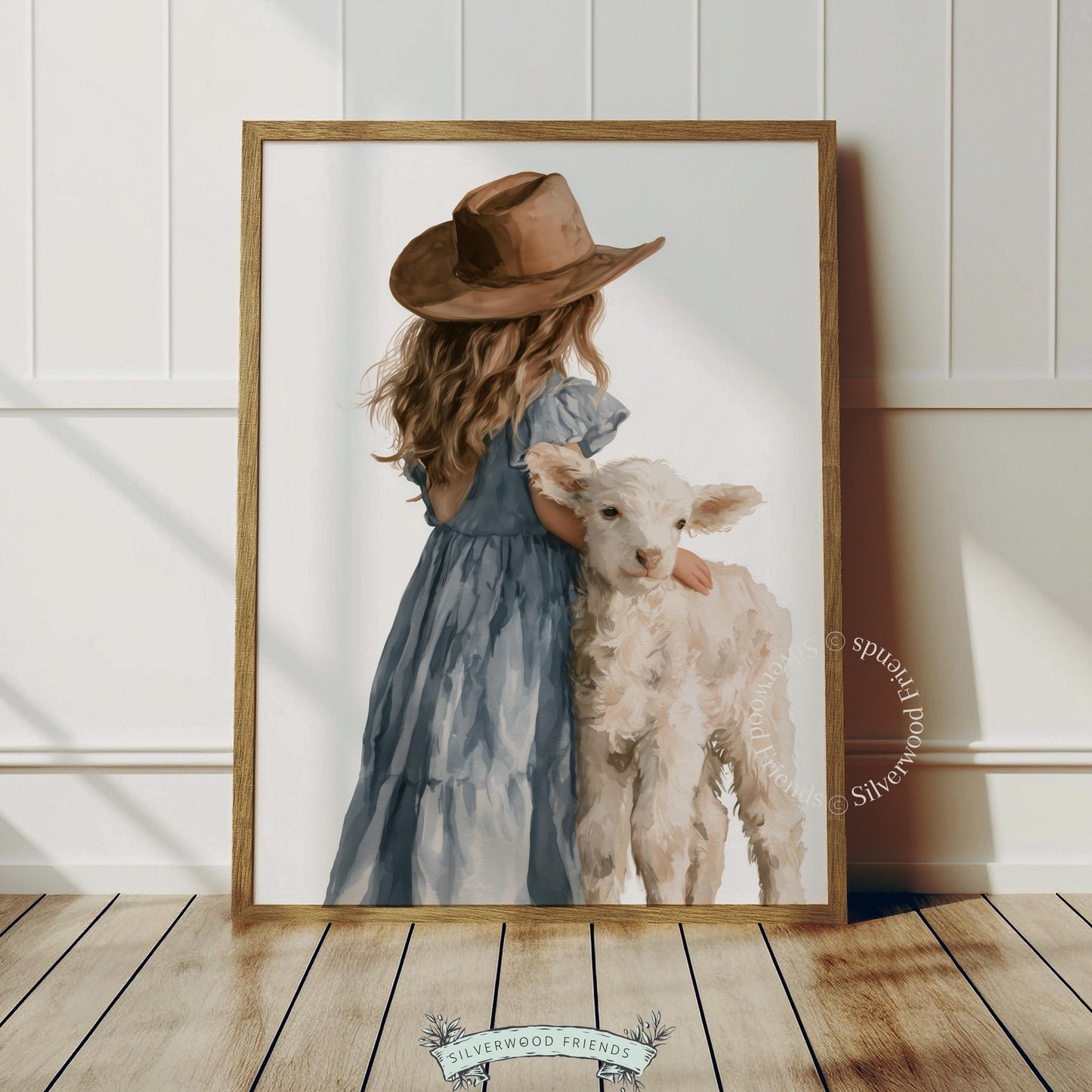Little girl with white lamb instant download art for nursery — gentle rural watercolor in muted tones