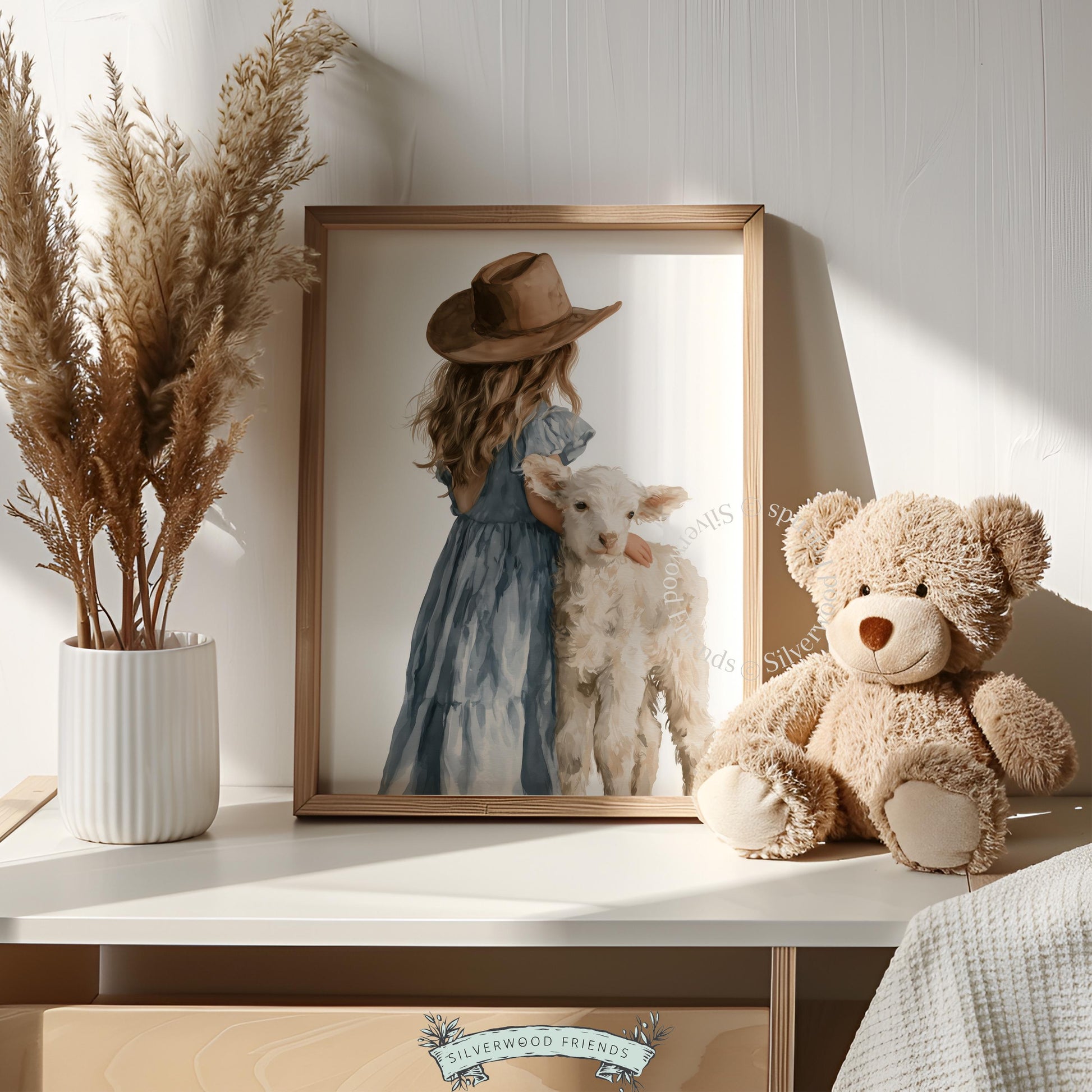 Child in cowboy hat with lamb picture for toddler room — charming rural watercolor with warm palette