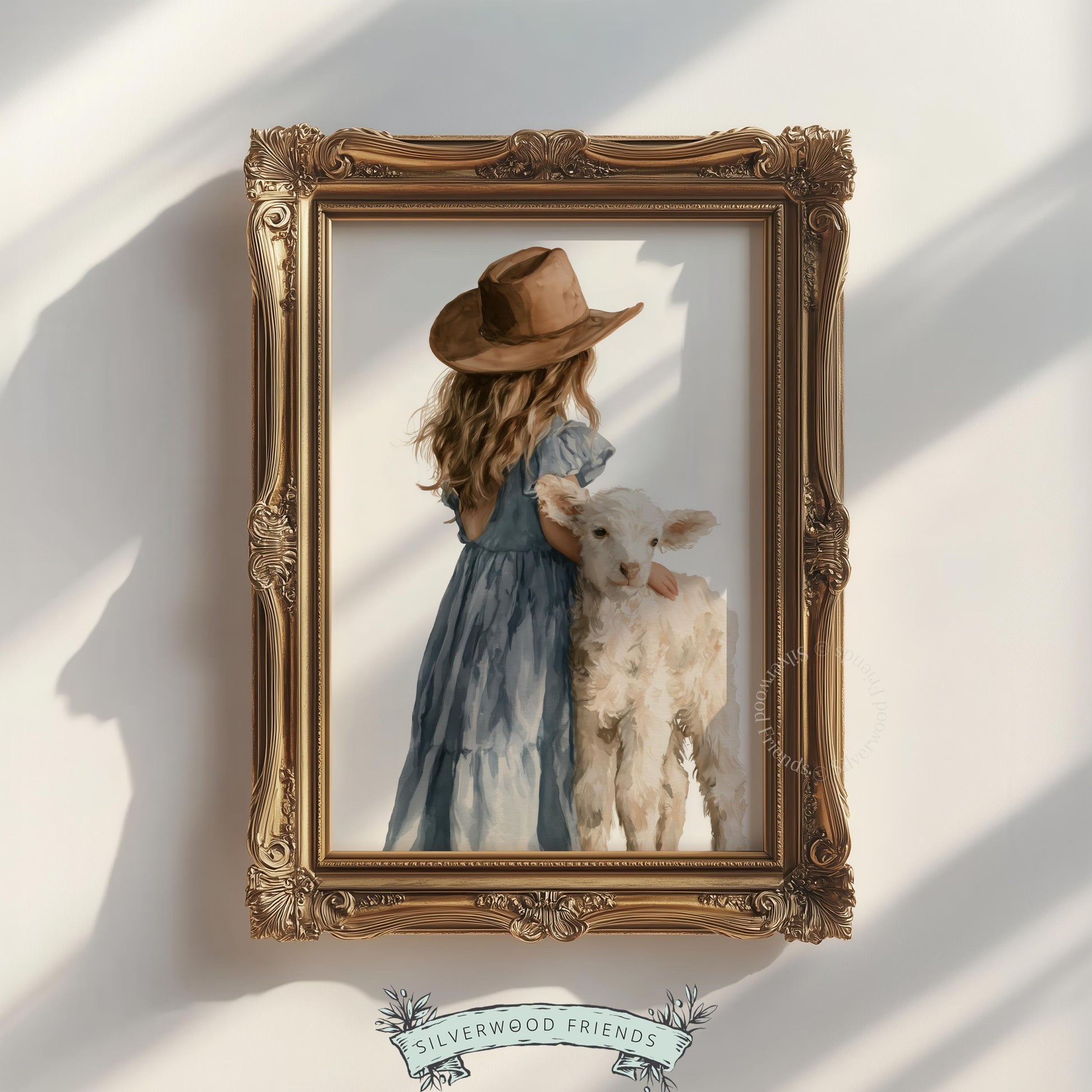 Young girl hugging lamb printable art for nursery — soft watercolor farmhouse style with muted tones