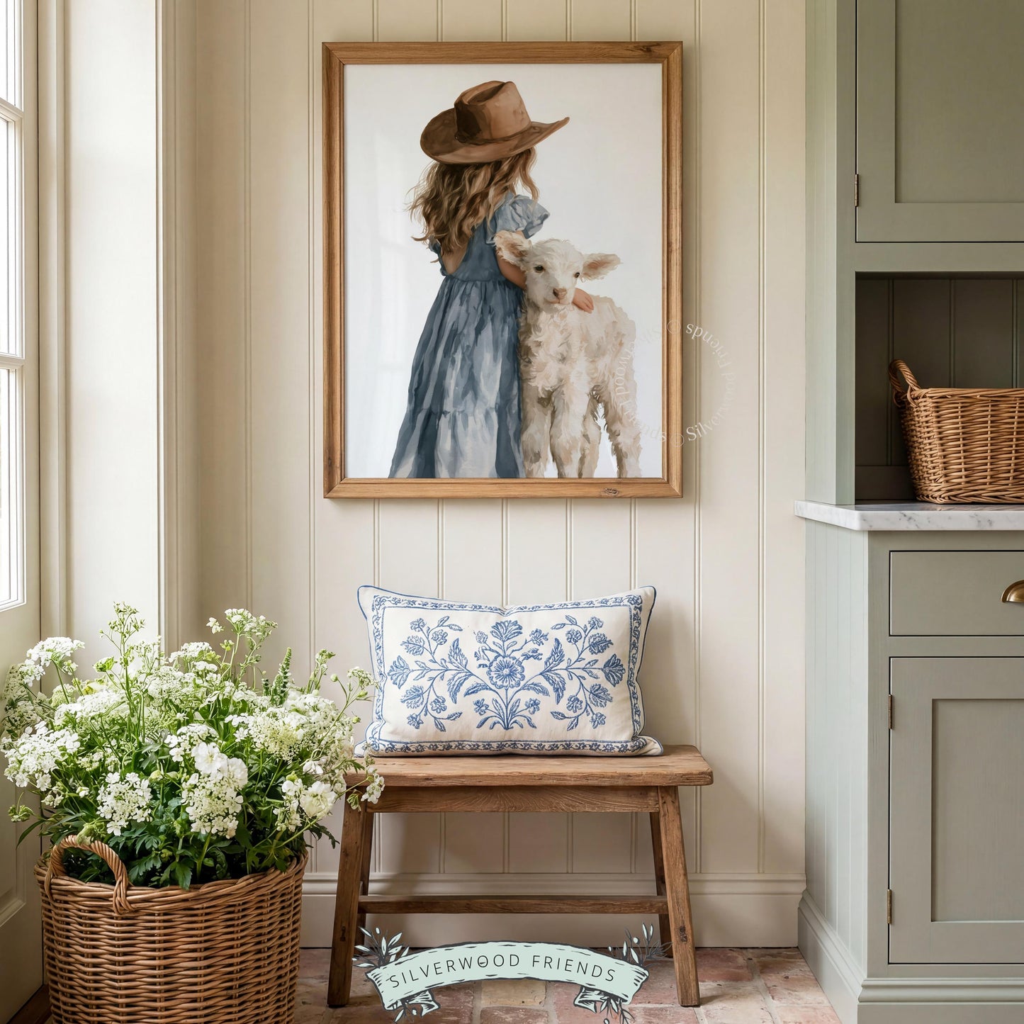 Child cradling baby lamb wall art for toddler room — gentle rural illustration in soft dusty blue tones