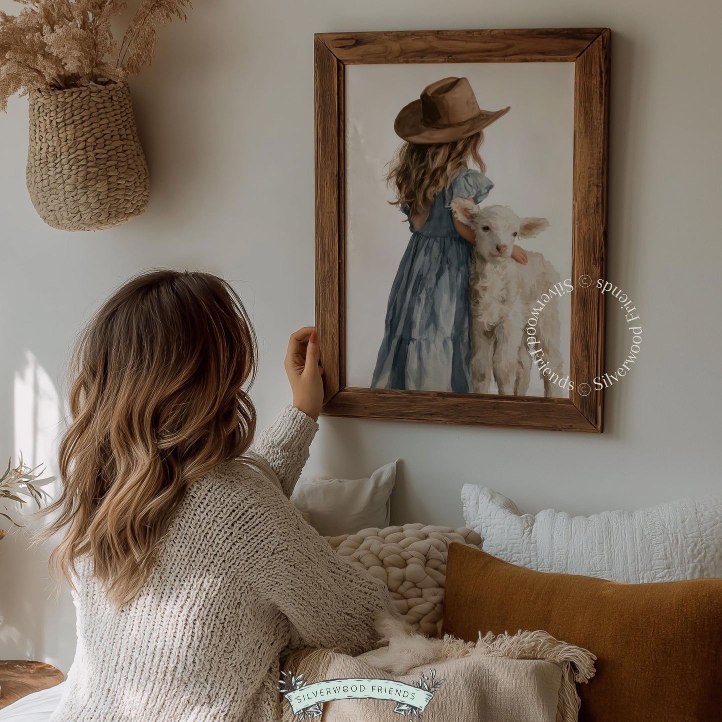 Young child and lamb gallery wall art for nursery — tender countryside scene with loose, soft brushwork