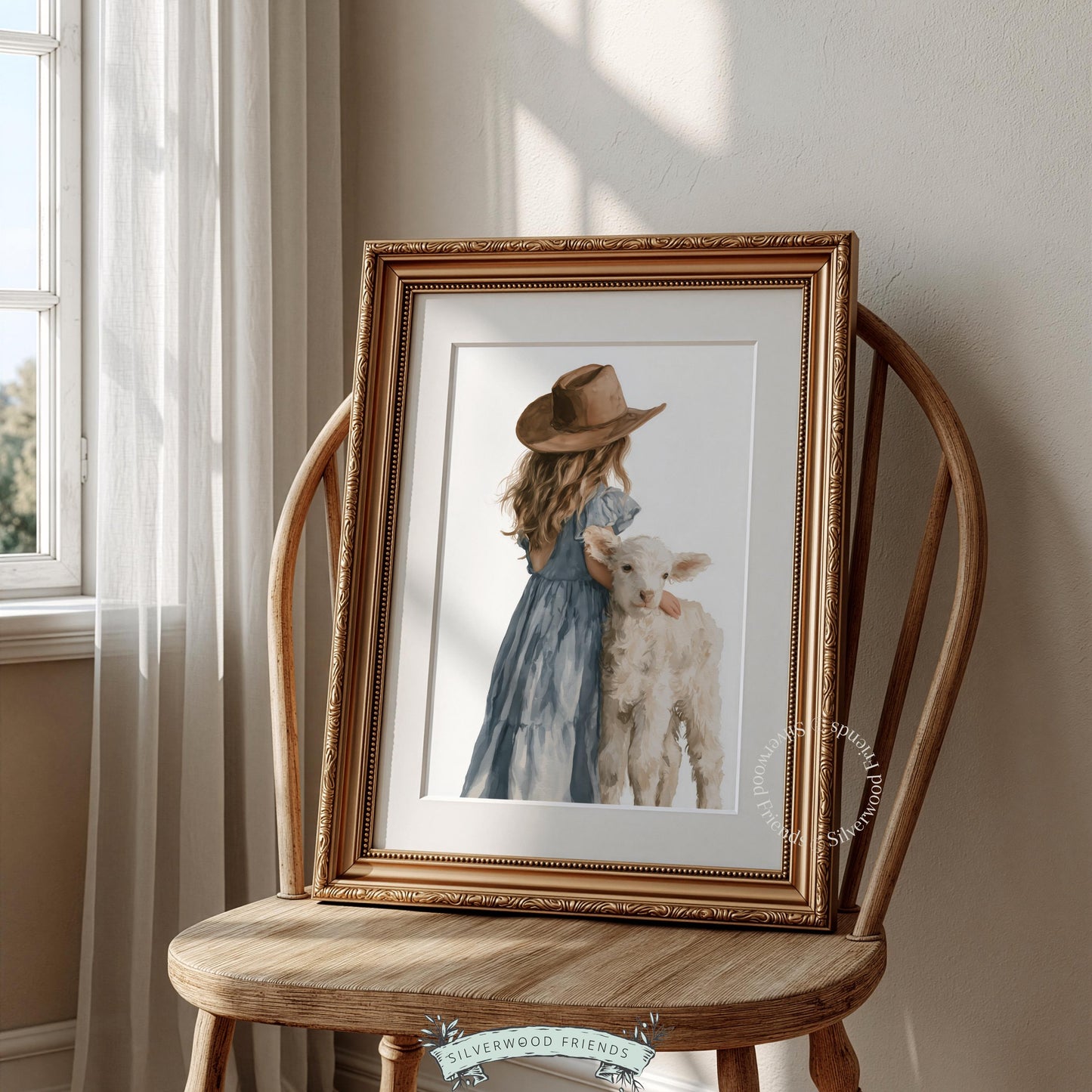 Little one cradling white lamb poster for playroom — sweet farmhouse illustration in soft earth tones