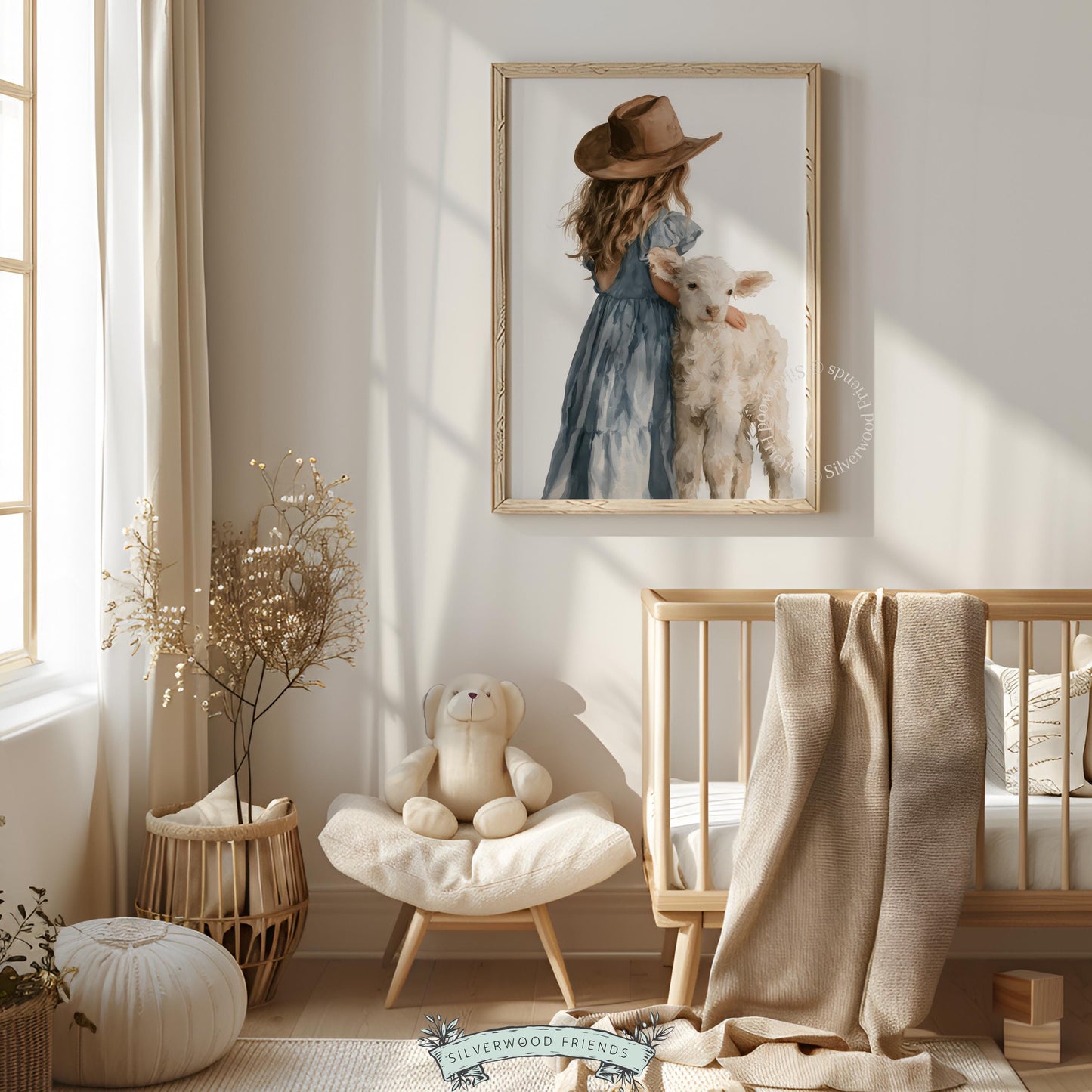 Girl and lamb wall art for baby nursery — gentle pastoral watercolor with loose brushwork aesthetic
