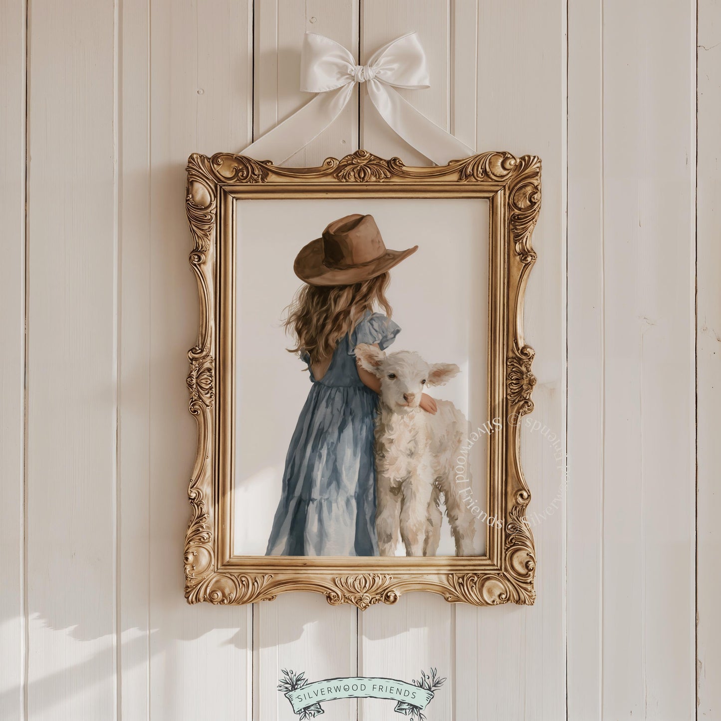 Farmyard girl and lamb printable poster for kids space — tender pastoral moment in soft, muted hues