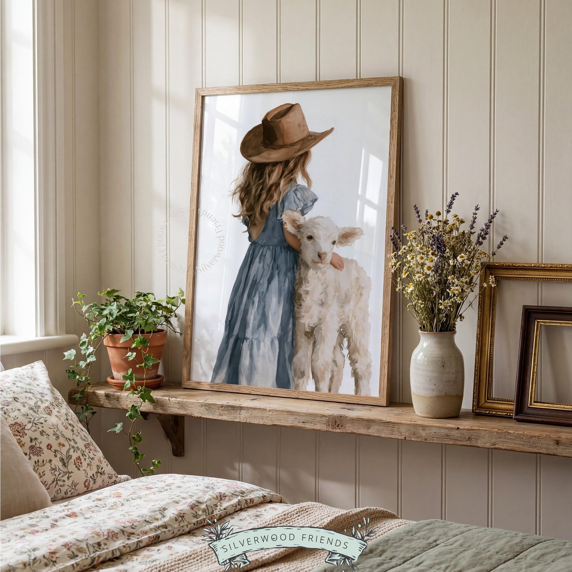 Lamb and child digital poster for playroom — tender farmhouse moment with soft, flowing brushwork