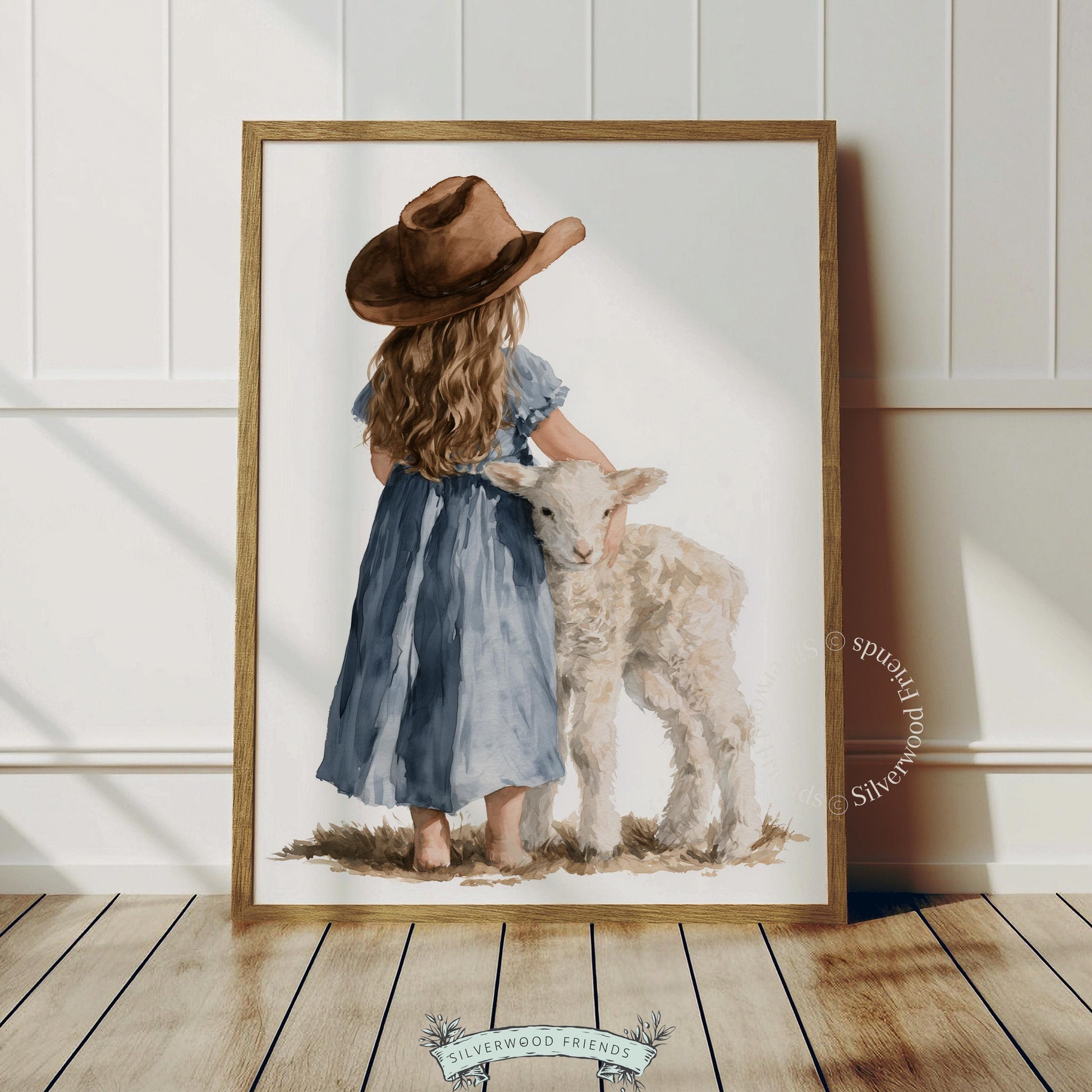 Lamb and child wall poster for farm-themed nursery — tender moment captured in muted watercolor style