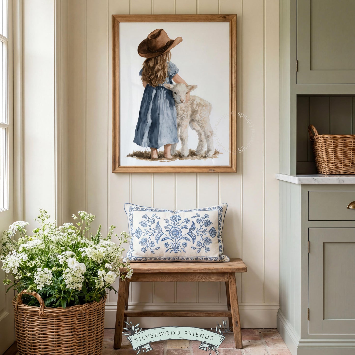 Girl petting sheep digital artwork for child's room — soft cottagecore wall print in cream and brown palette