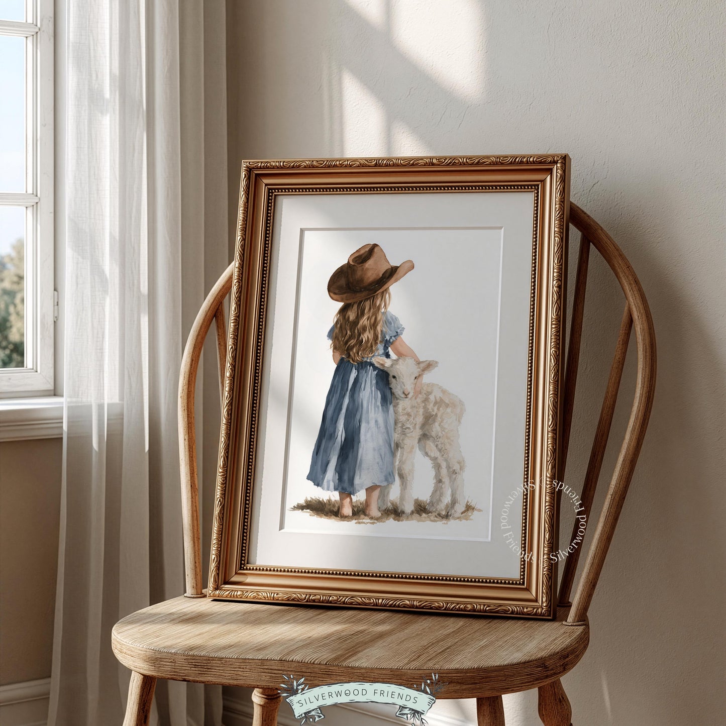 Lamb and girl digital print for farmhouse nursery — tender moment wall art with rustic peaceful vibes
