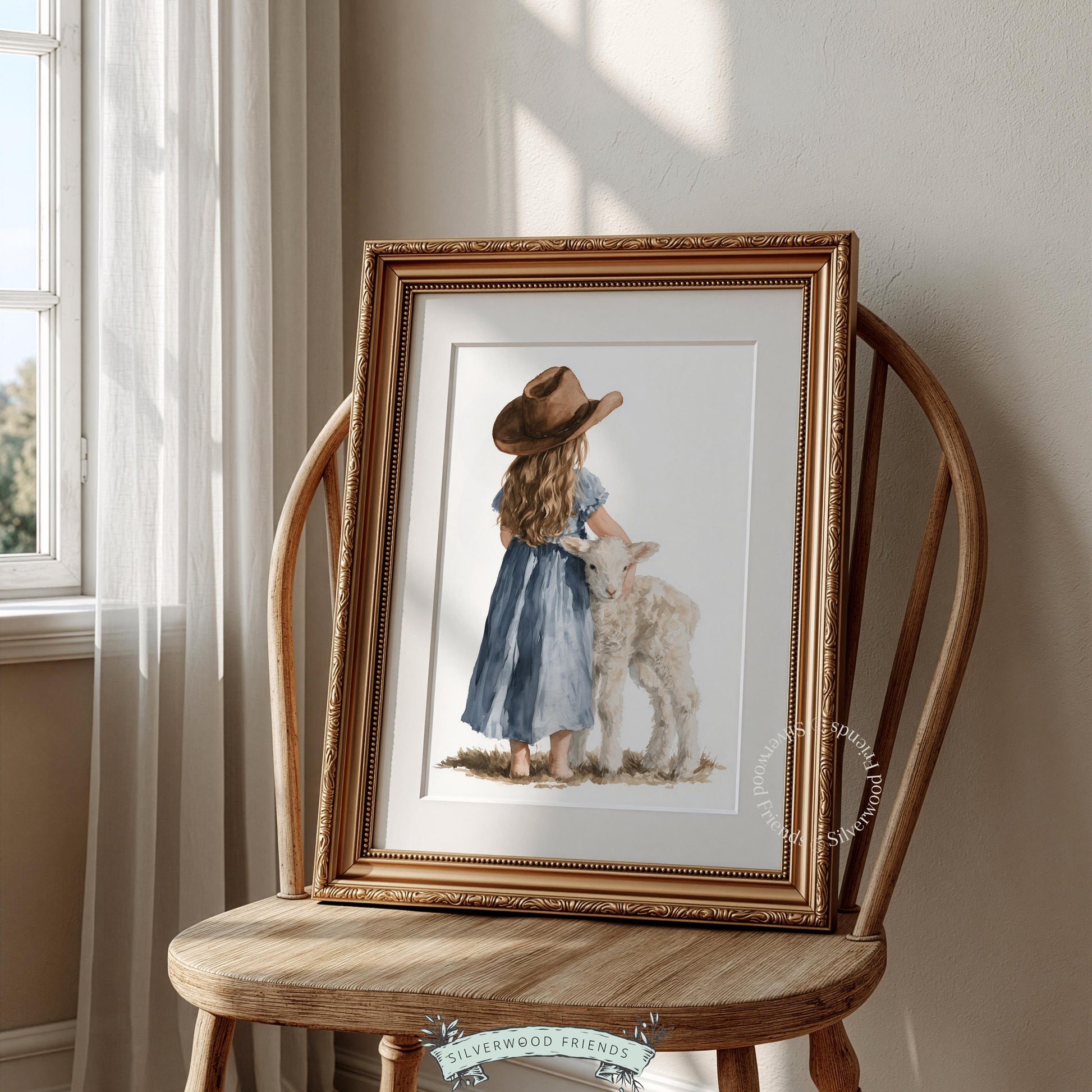 Lamb and girl digital print for farmhouse nursery — tender moment wall art with rustic peaceful vibes