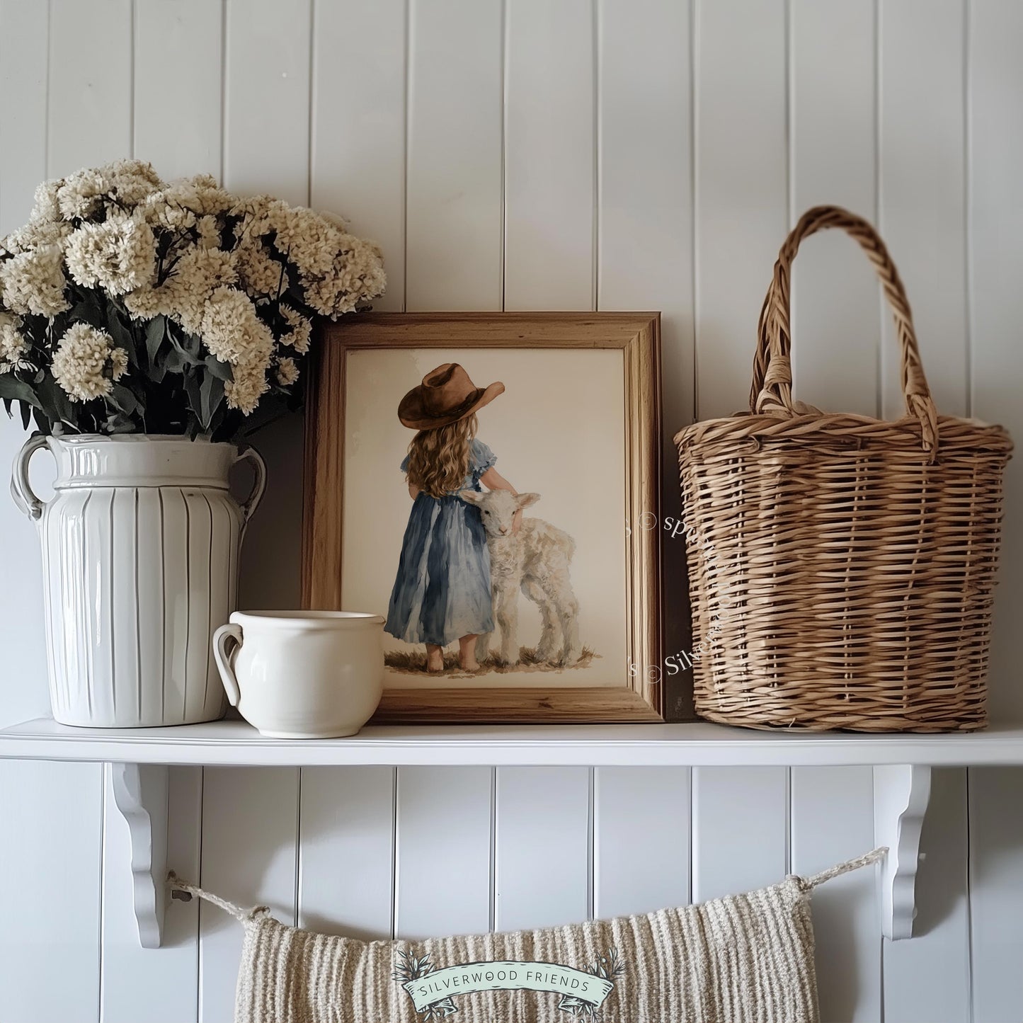 Little one petting sheep poster for kids wall — soft pastoral watercolor decor with cozy farmland feel