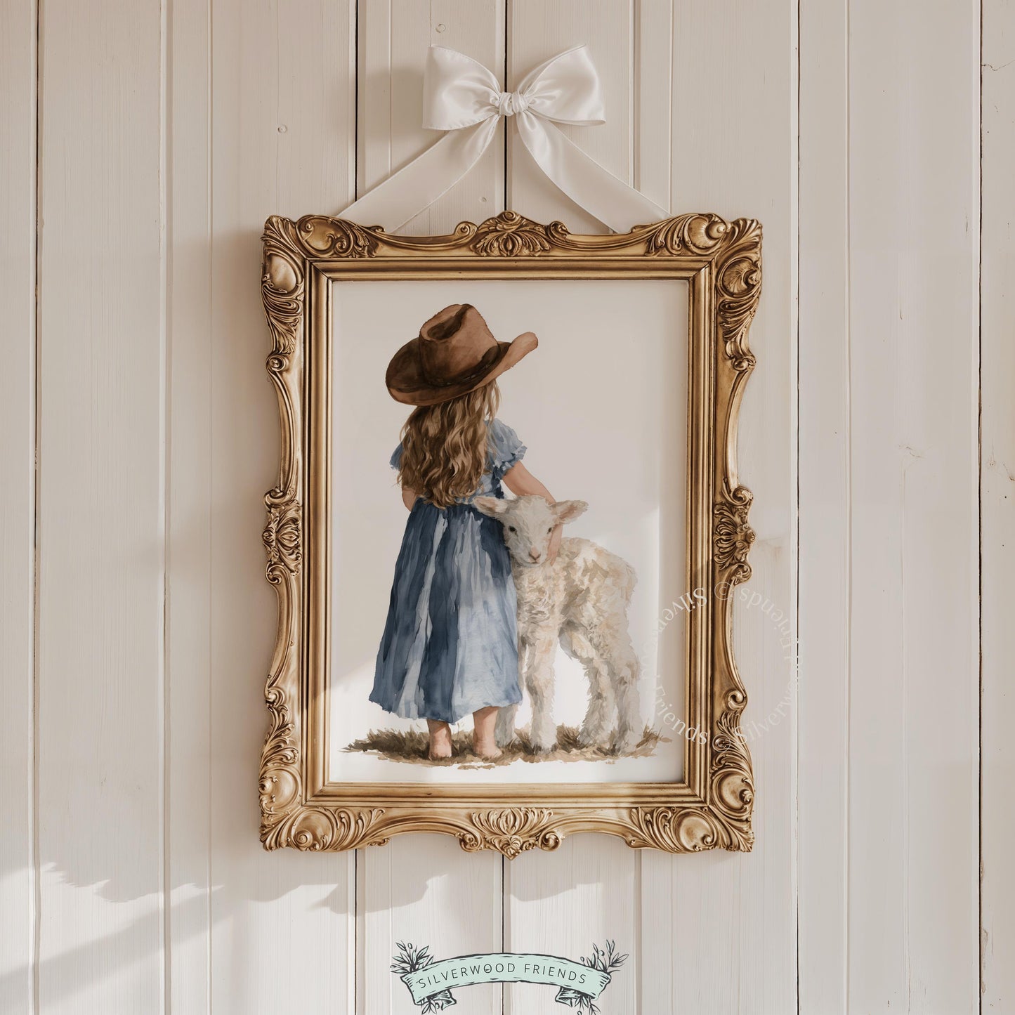 Child embracing lamb printable picture for playroom — gentle farmyard scene with loose watercolor charm