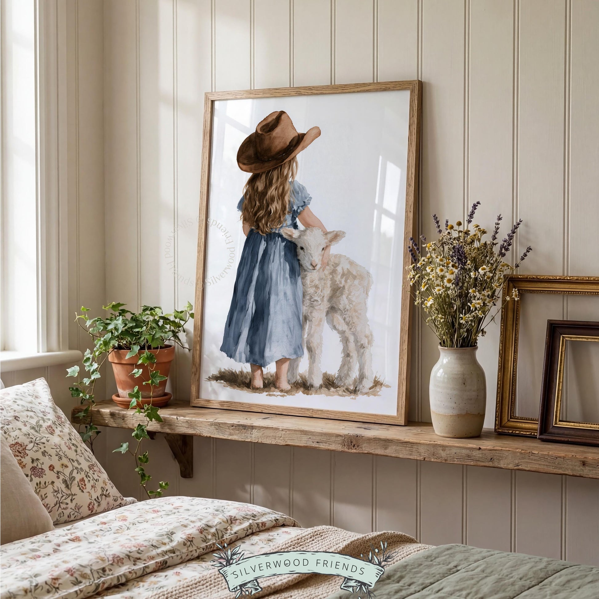 Girl and baby lamb picture for nursery — whimsical country wall art with watercolor textures