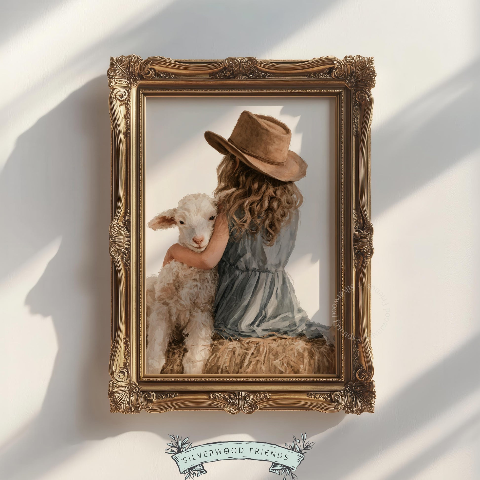 Girl sitting with lamb digital download picture for kids space — curly-haired child, wide-brim hat, hay setting