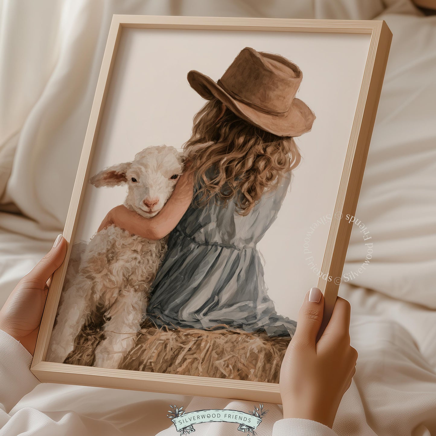 Girl cuddling sheep printable picture for kids nursery — pastoral farmyard scene with soft brushwork and gentle warmth