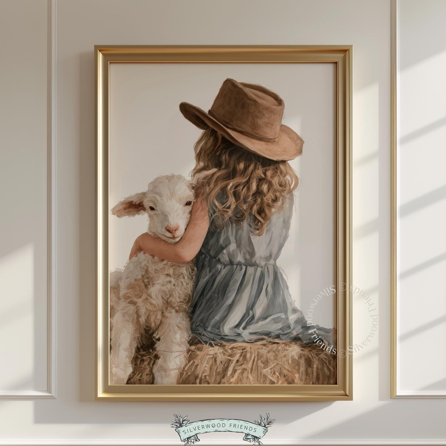Young girl hugging lamb printable art for nursery — warm farmhouse aesthetic with soft earthtone palette