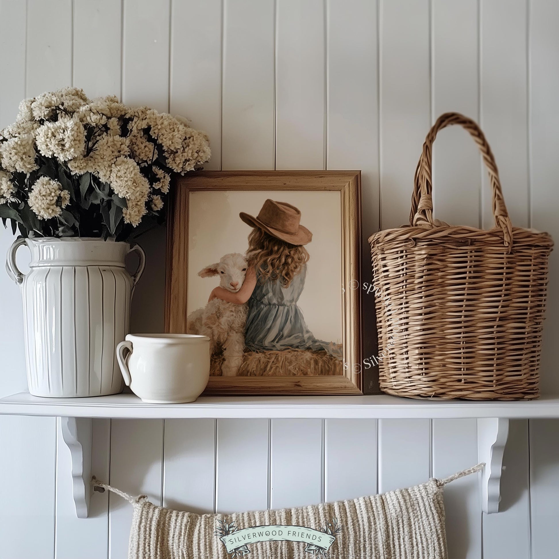 Lamb cuddle moment printable poster for nursery decor — viewed from behind, soft brushwork, countryside feel