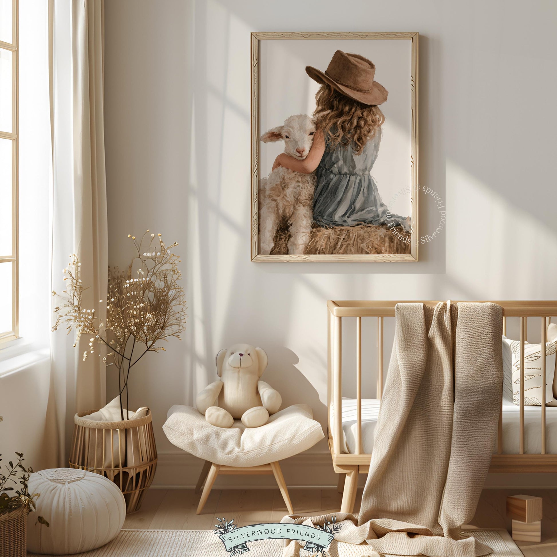 Little one cuddling sheep painting for nursery — countryside cottagecore vibe with warm textured finish