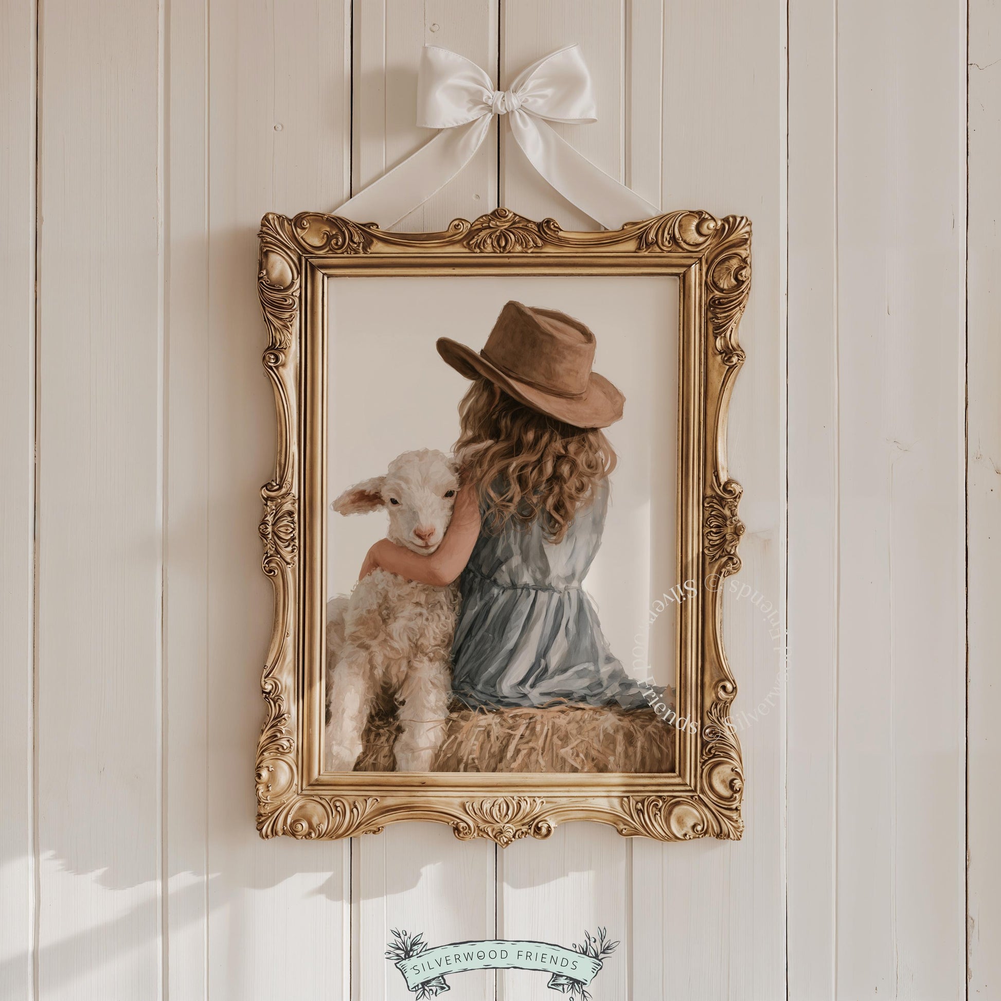 Girl and baby lamb instant download art print for crib room — warm earthy hues, gentle pastoral farmyard mood