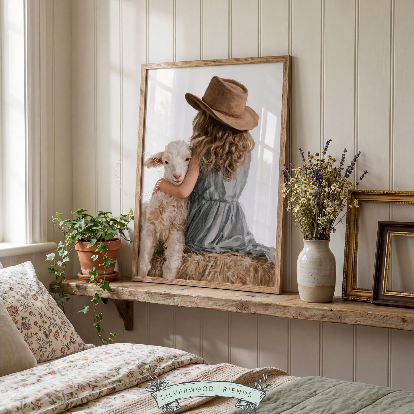 Child embracing baby sheep digital print for kids room — cottagecore style with textured brushwork and gentle mood