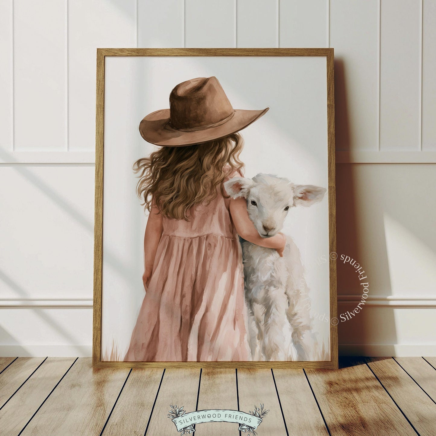 Girl and lamb artwork for kids playroom — soft pastel tones with storybook quality and farmhouse feel